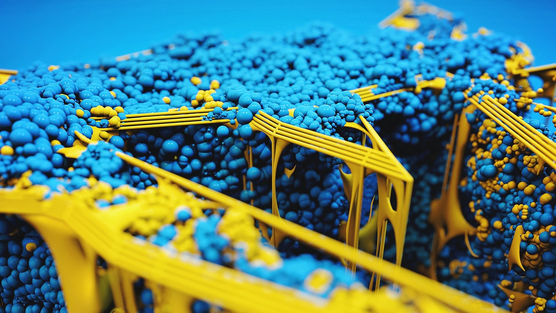 Abstract blue and yellow spheres with yellow structures HD Wallpaper