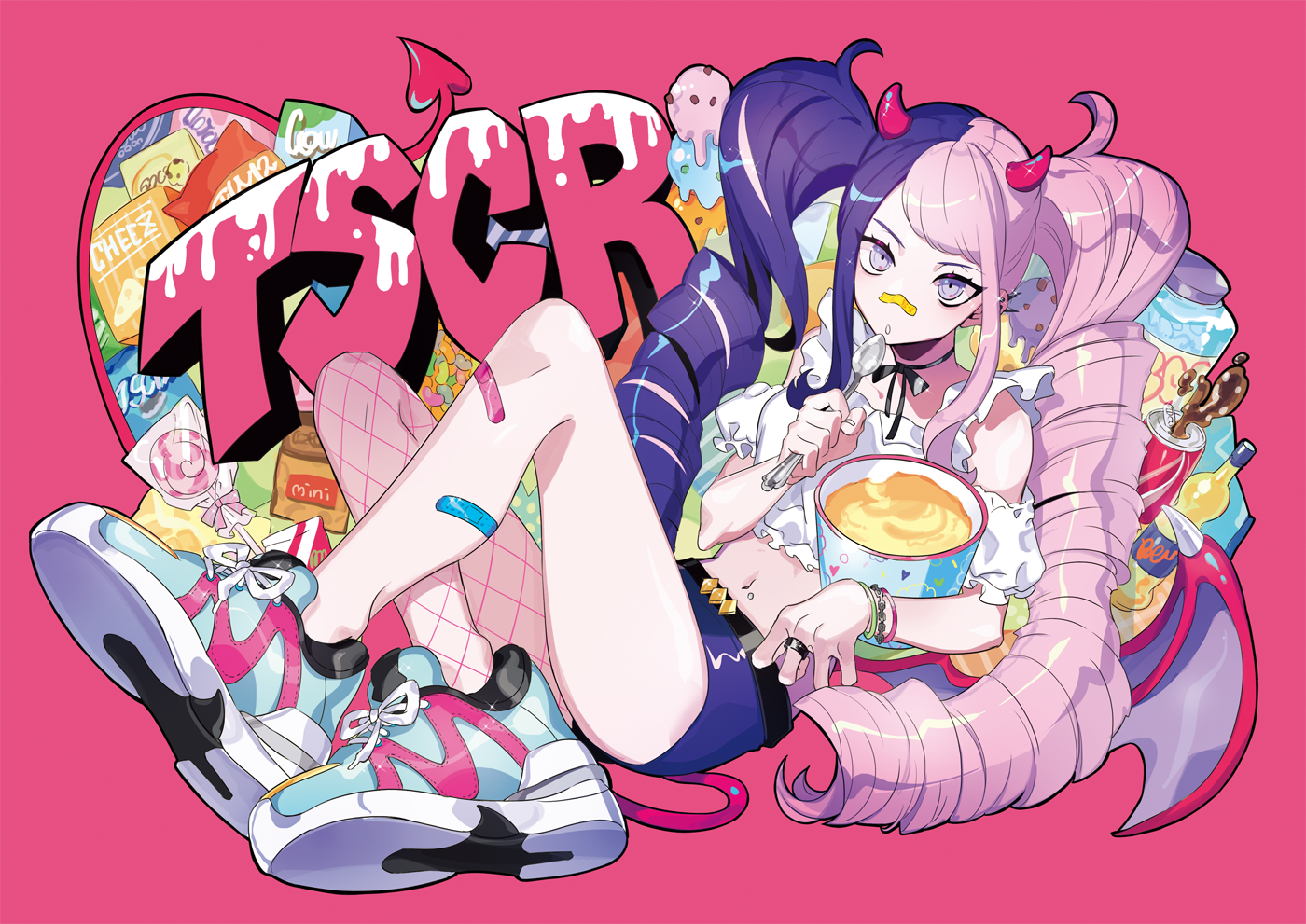 Demon girl with multi-colored hair eating from a bowl HD Wallpaper