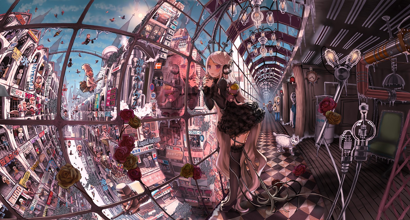 Anime girl with headphones in a surreal city HD Wallpaper