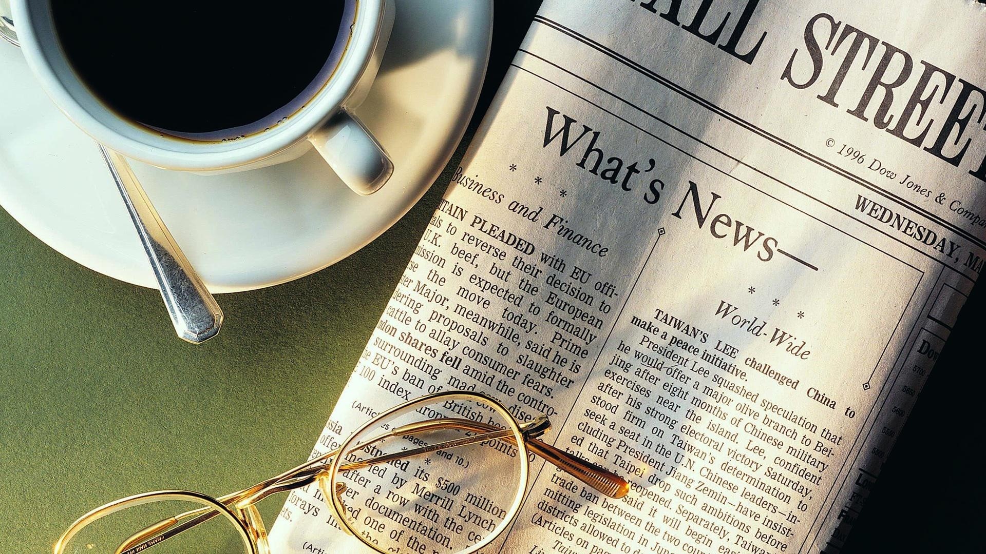 Wall Street Journal newspaper with coffee and glasses HD Wallpaper
