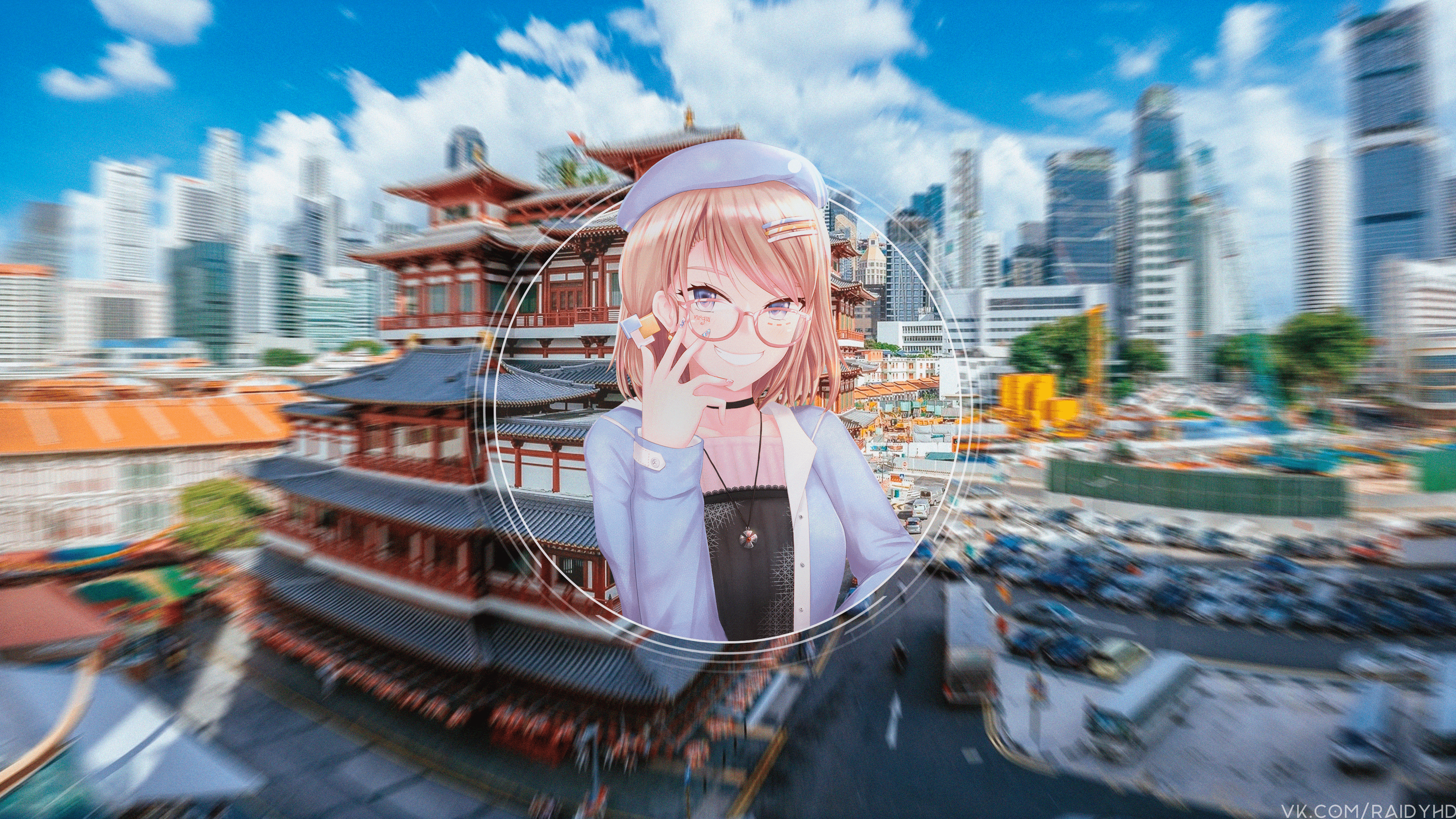 Anime girl in front of Singapore skyline HD Wallpaper