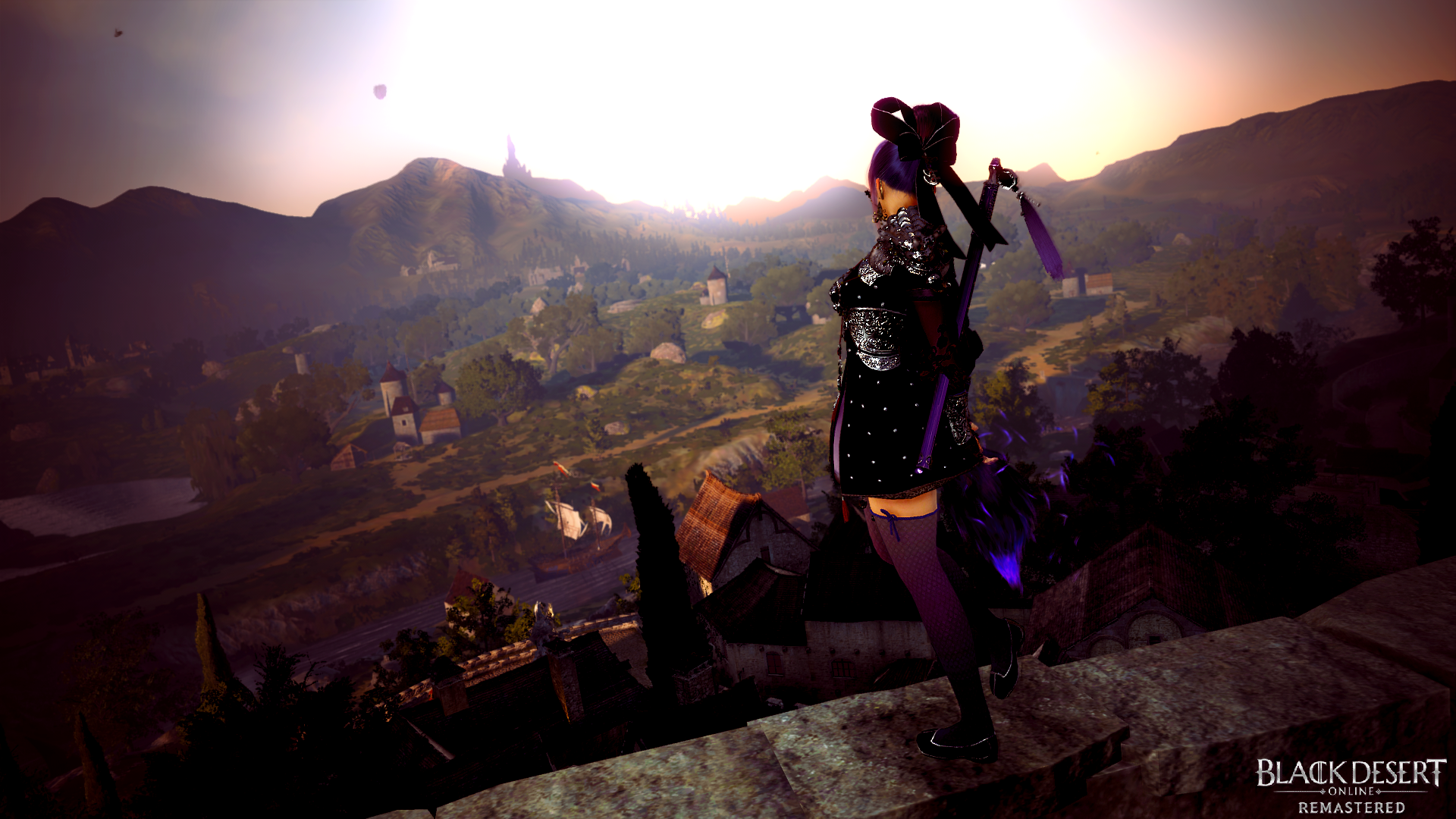 Woman in Black Desert Online Remastered overlooking a village HD Wallpaper
