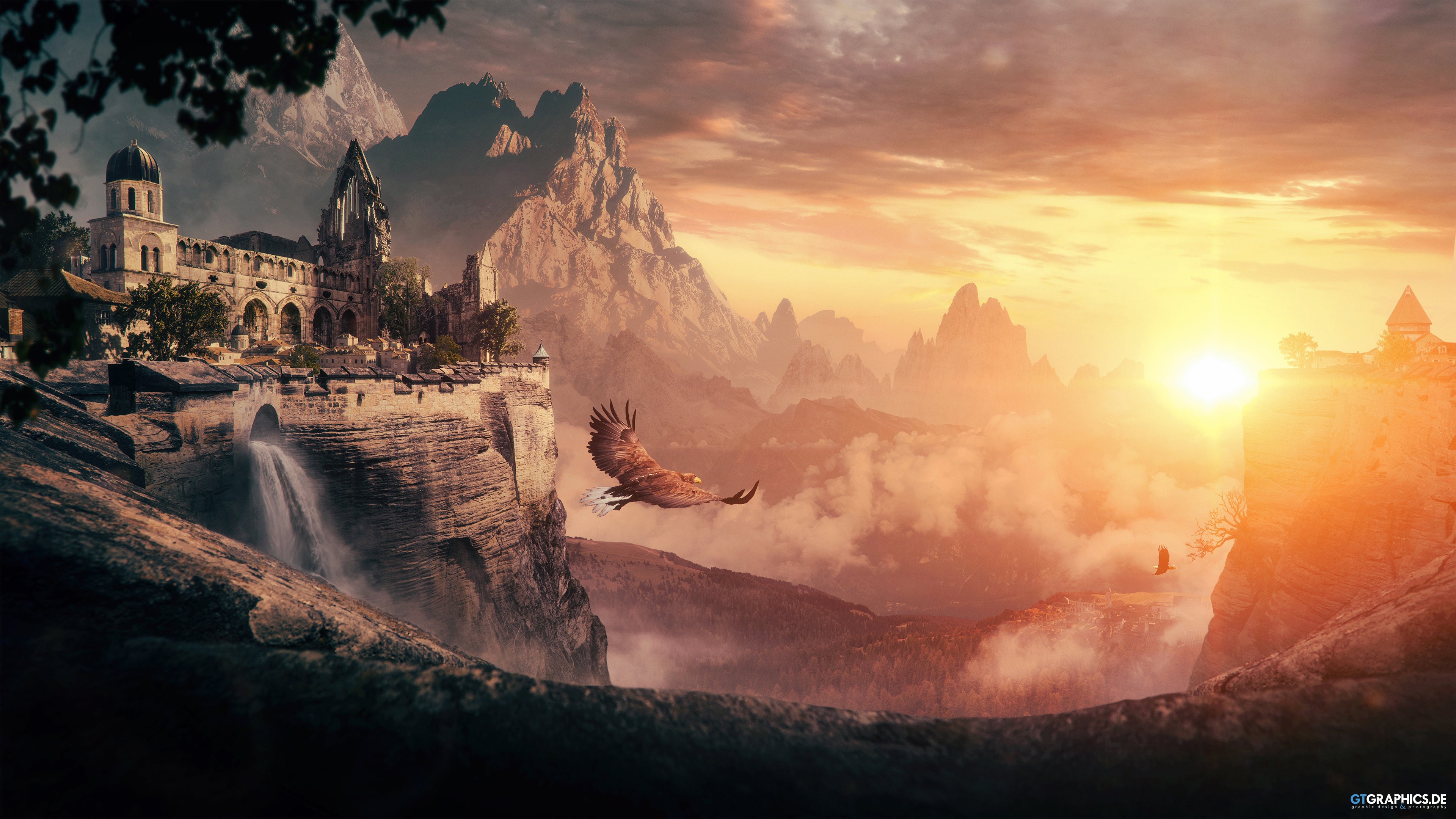 Fantasy castle with waterfall and eagle at sunset HD Wallpaper