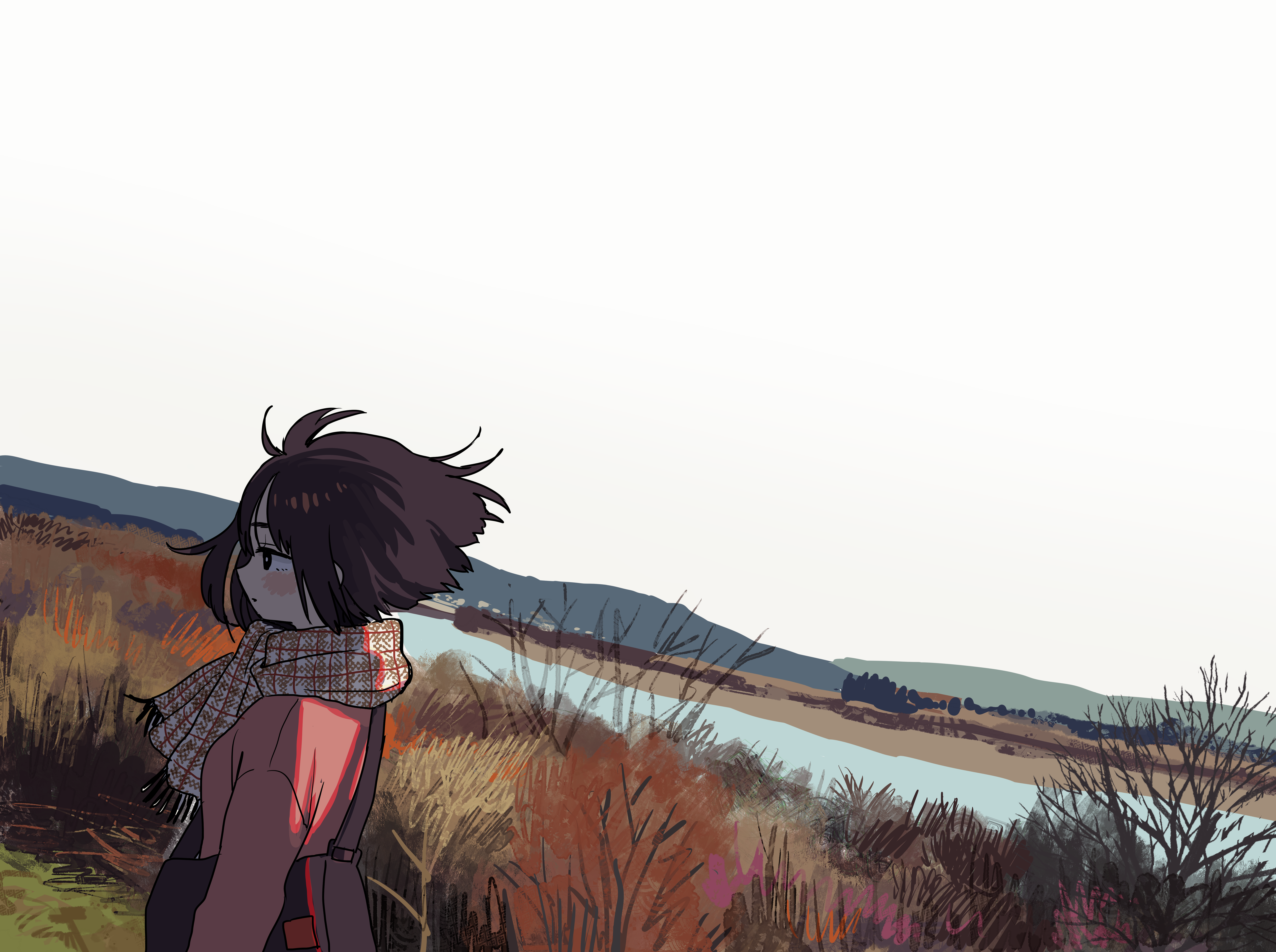 Anime girl with scarf by river in nature HD Wallpaper