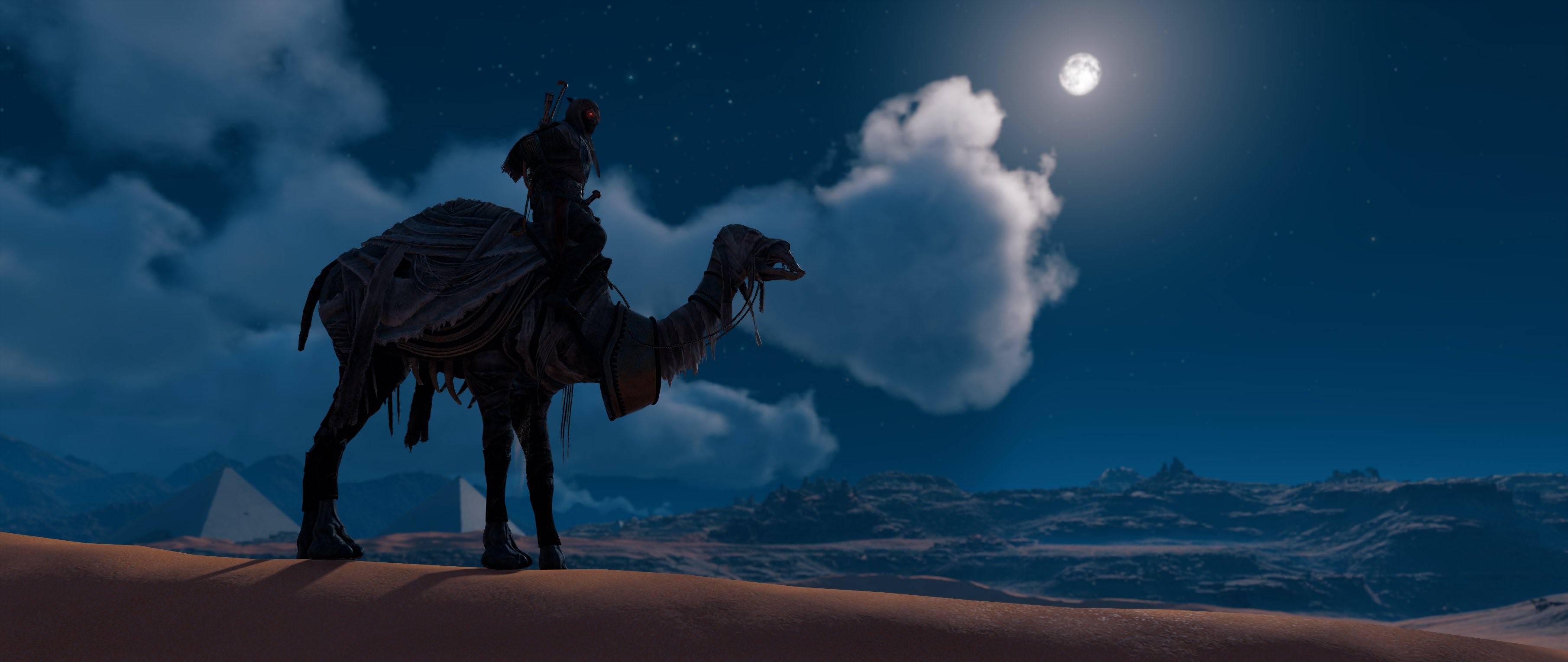 Bayek riding a camel in Assassin's Creed: Origins at night HD Wallpaper