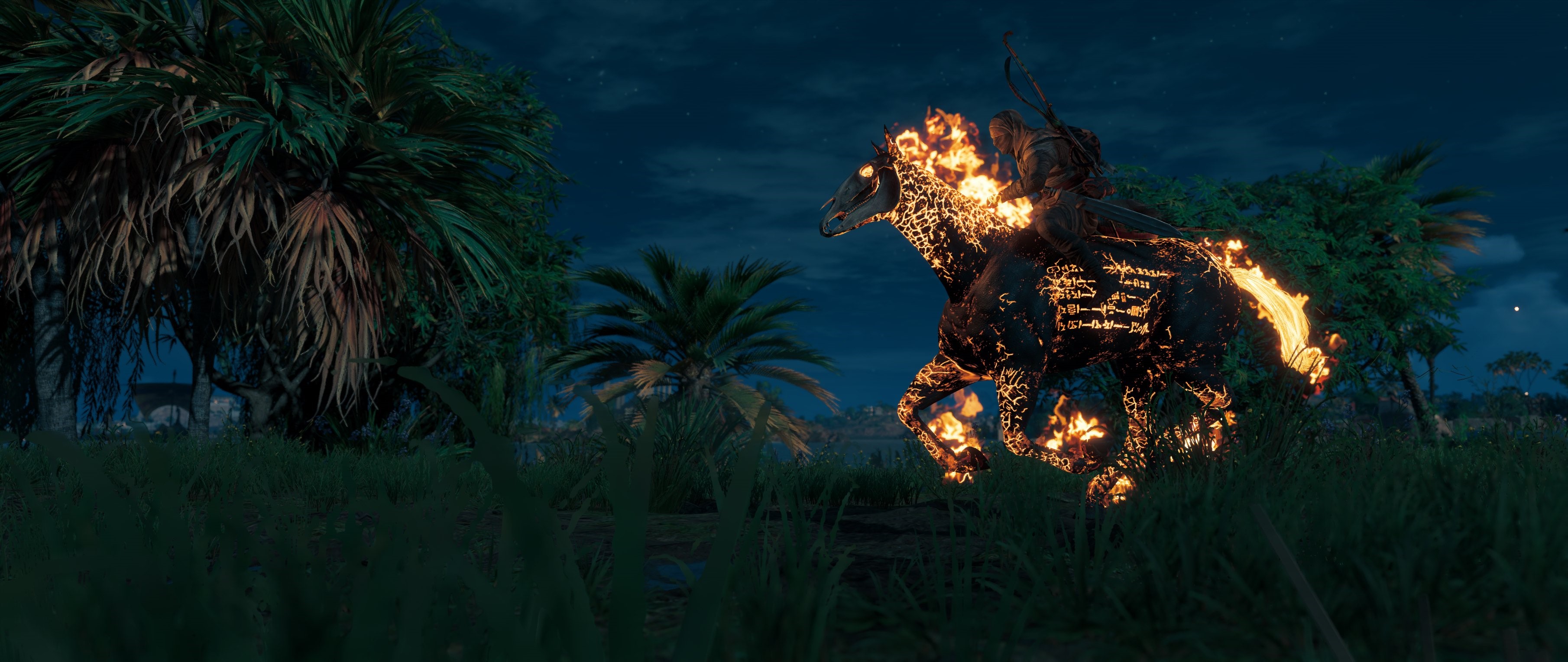 Bayek riding a flaming horse in Assassin's Creed: Origins HD Wallpaper