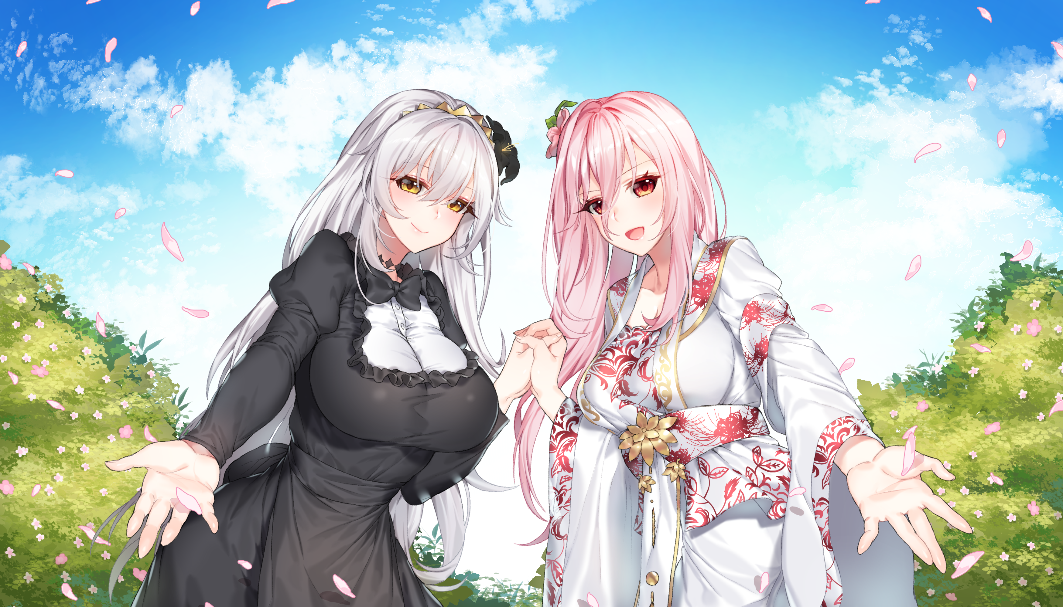 Two anime girls in a garden with falling petals HD Wallpaper