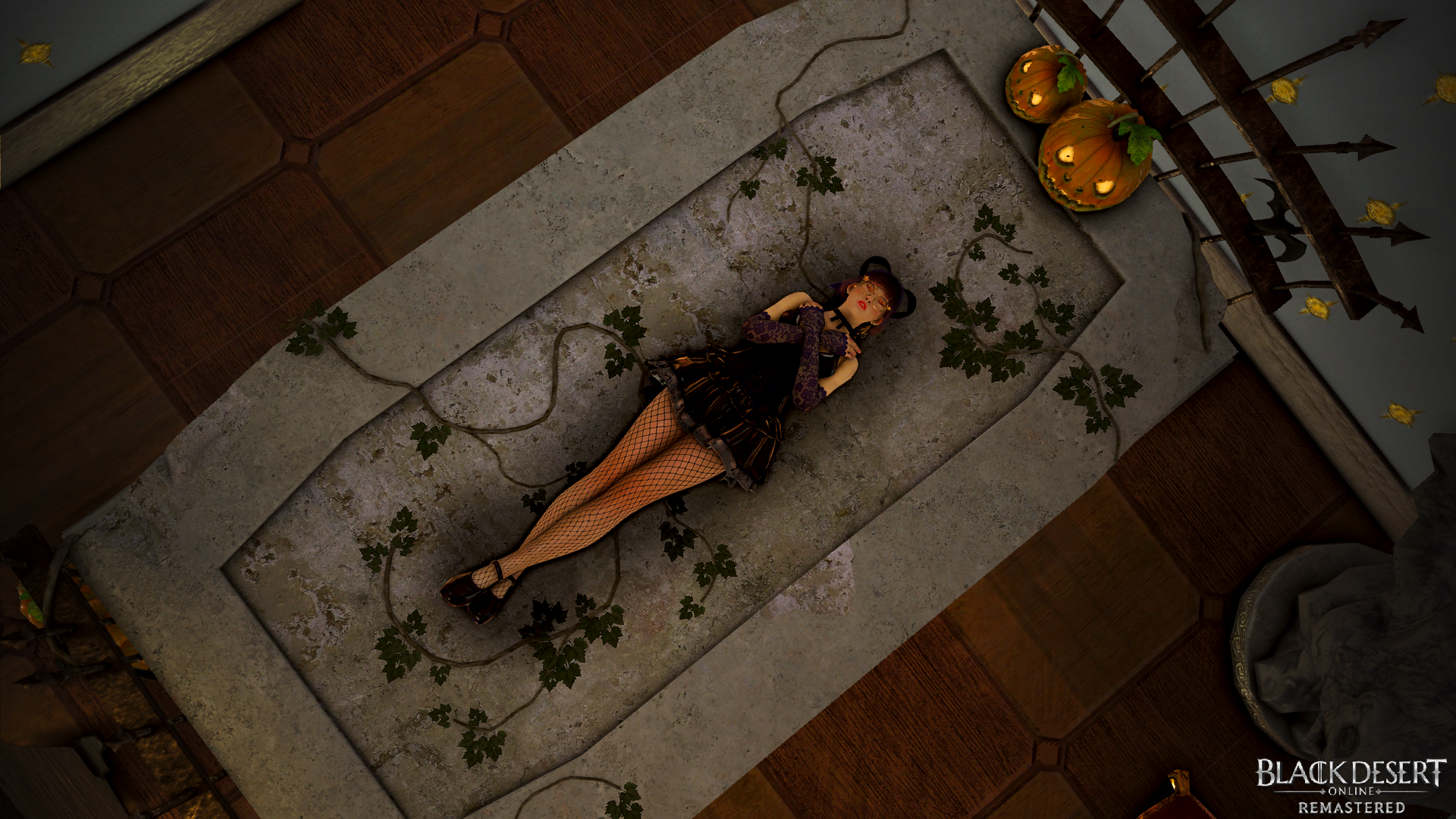 Girl in Halloween outfit lying on stone slab in Black Desert Online HD Wallpaper