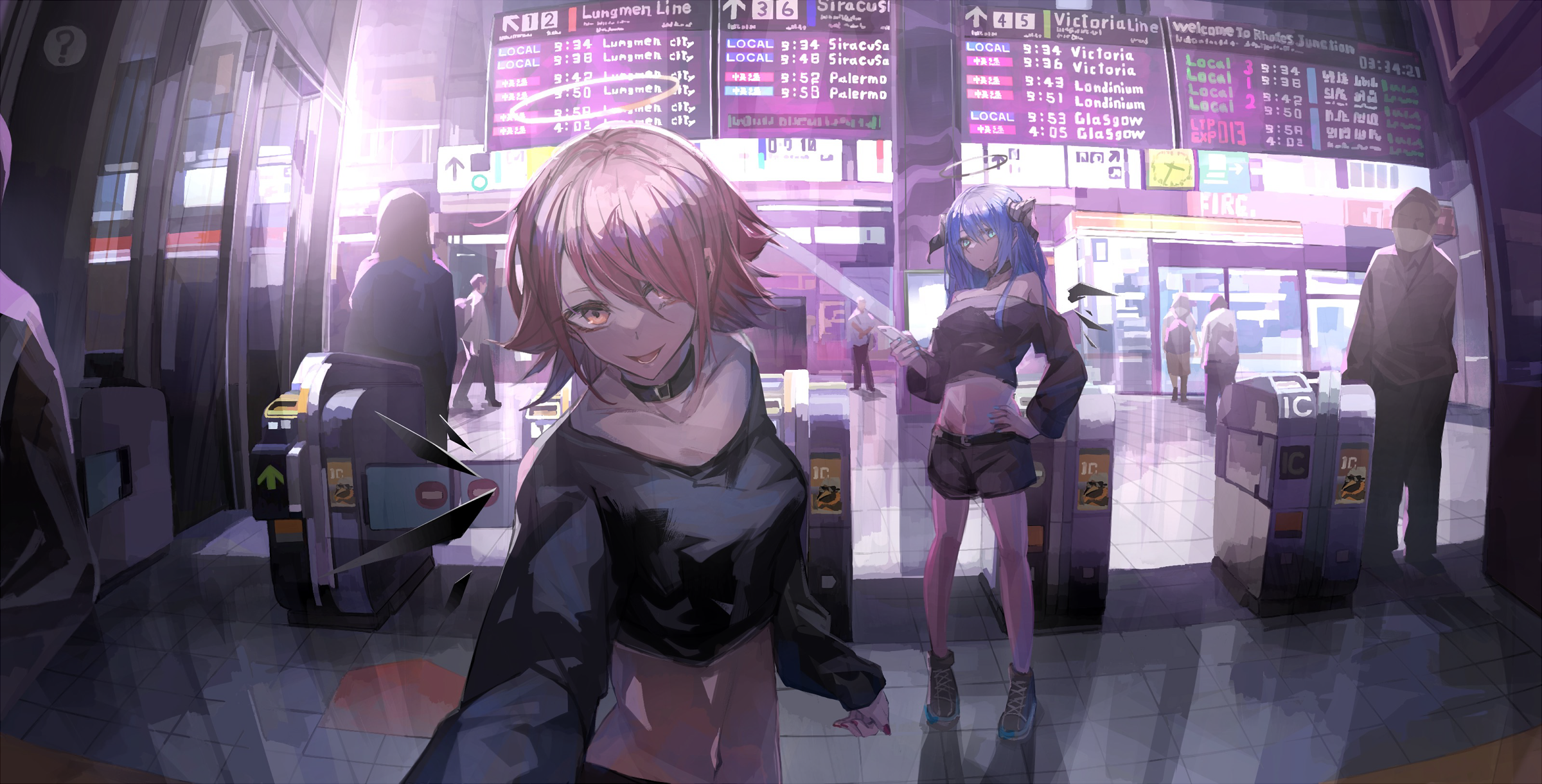 Anime girls at a train station with departure boards HD Wallpaper