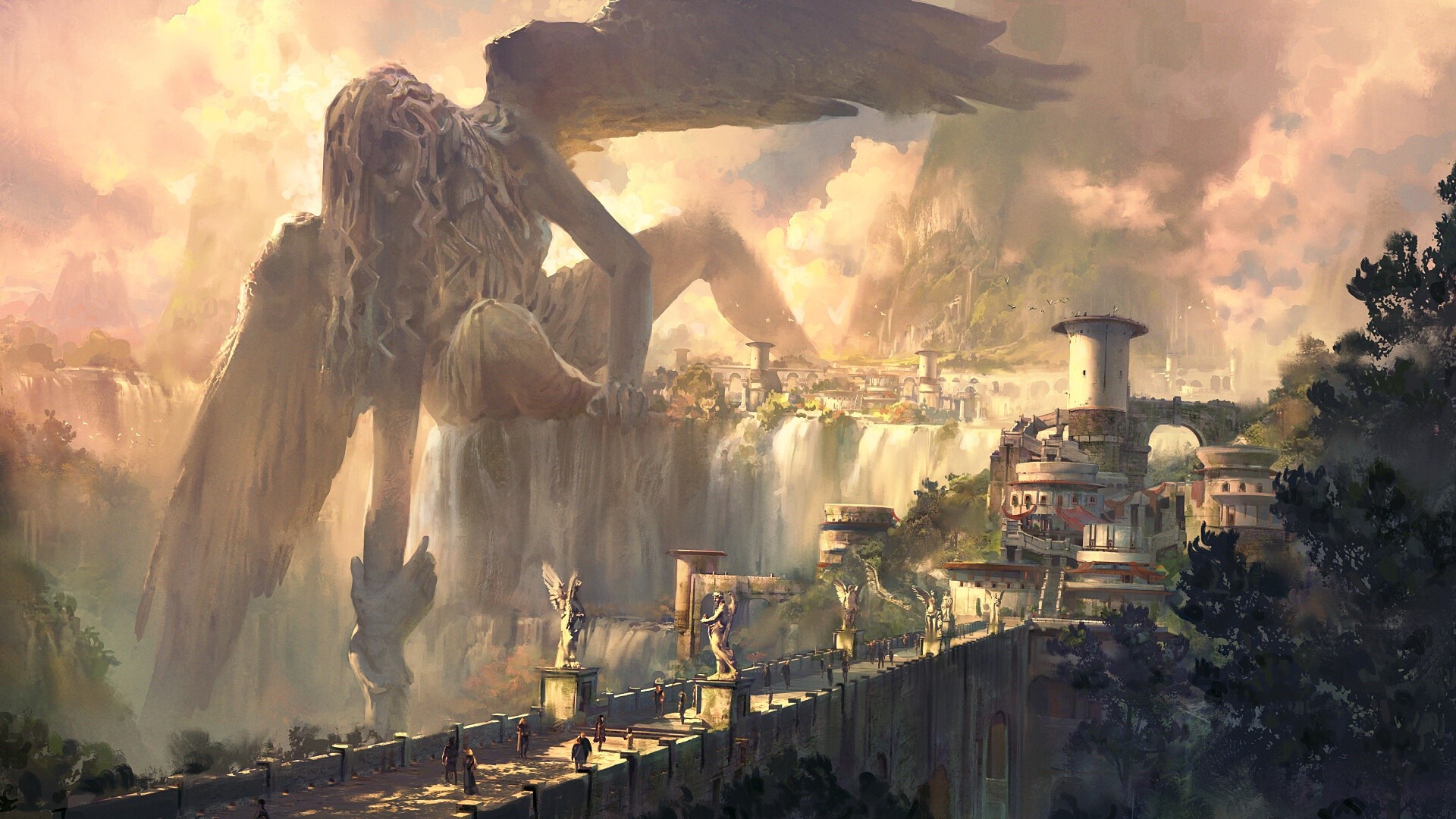 Fantasy city with giant winged statue and waterfalls HD Wallpaper