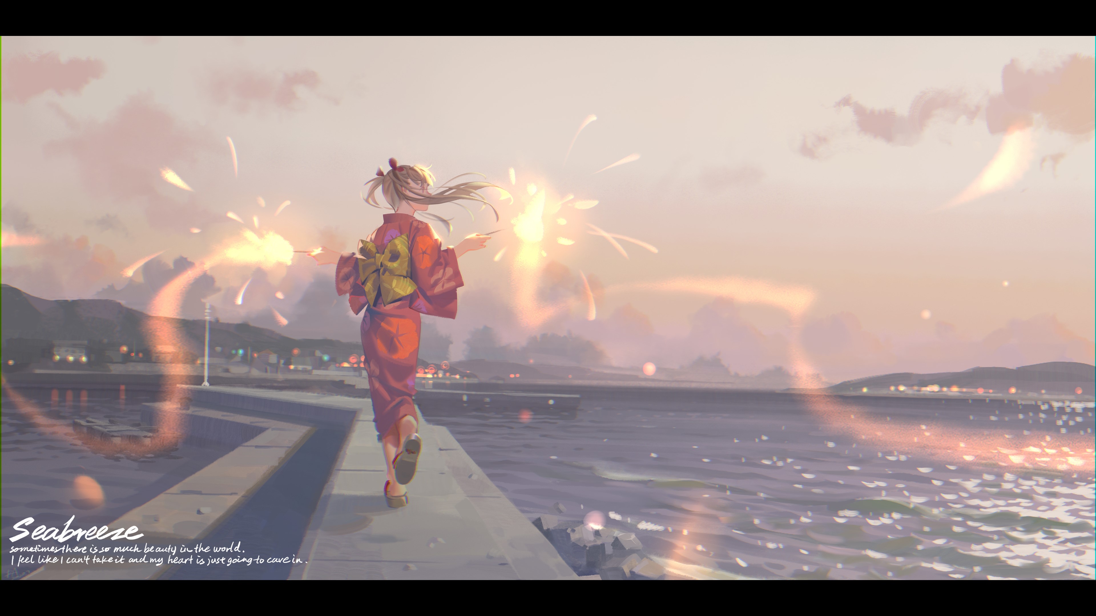 Girl in Yukata with Sparklers by the Sea HD Wallpaper