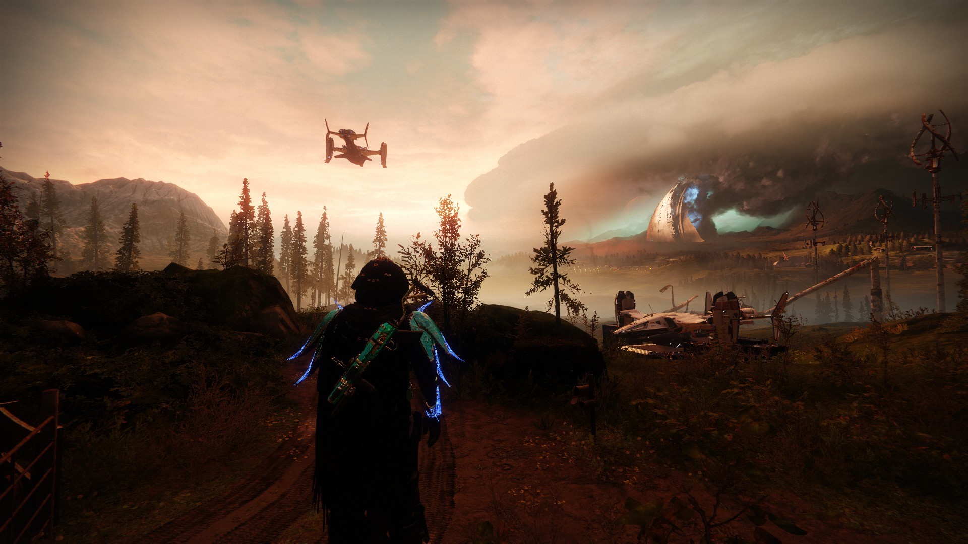 Destiny 2: Guardian and Osprey flying over landscape at sunset HD Wallpaper
