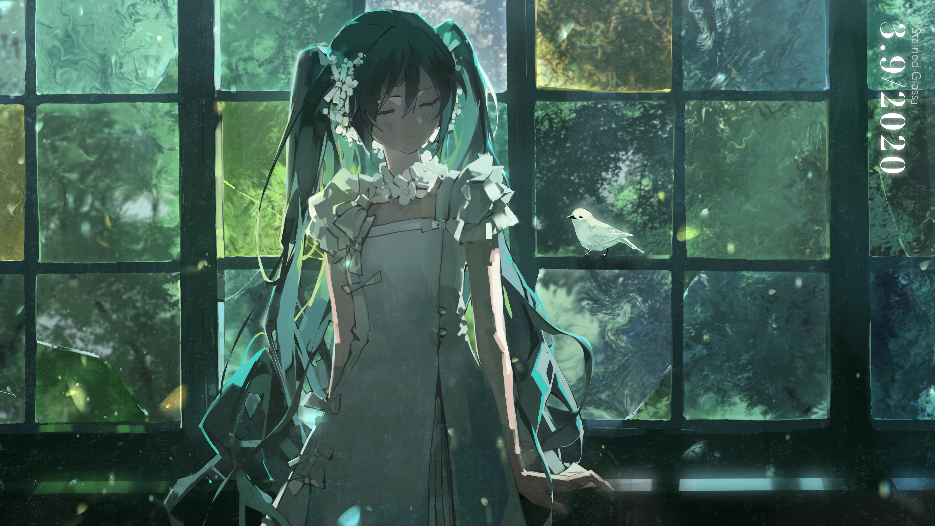 Hatsune Miku by a Stained Glass Window HD Wallpaper