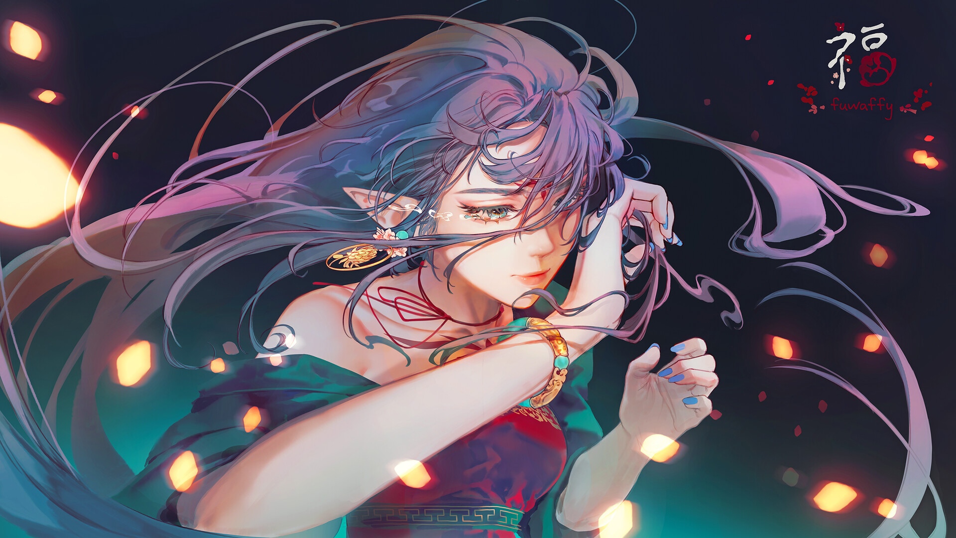 Anime girl with long flowing hair and elf ears HD Wallpaper