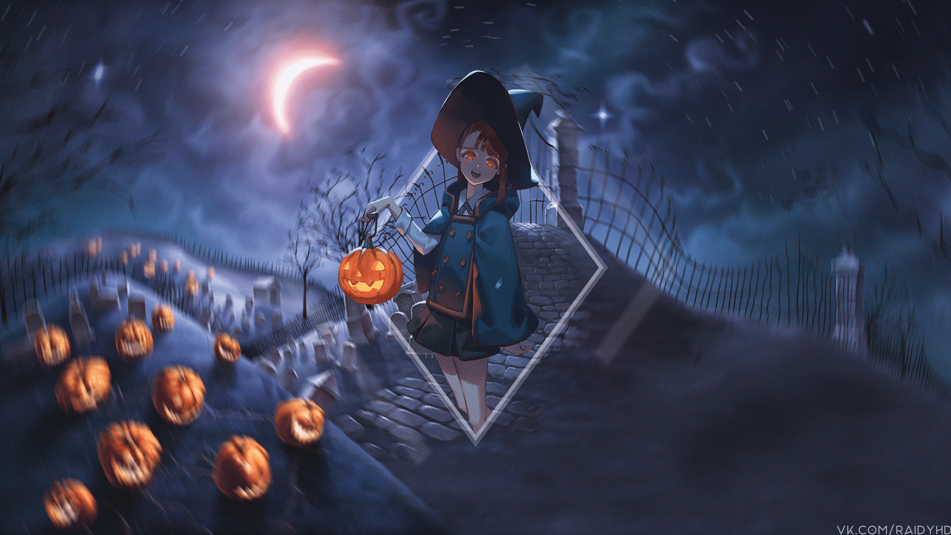 Fantasy girl with pumpkin lantern in a graveyard HD Wallpaper