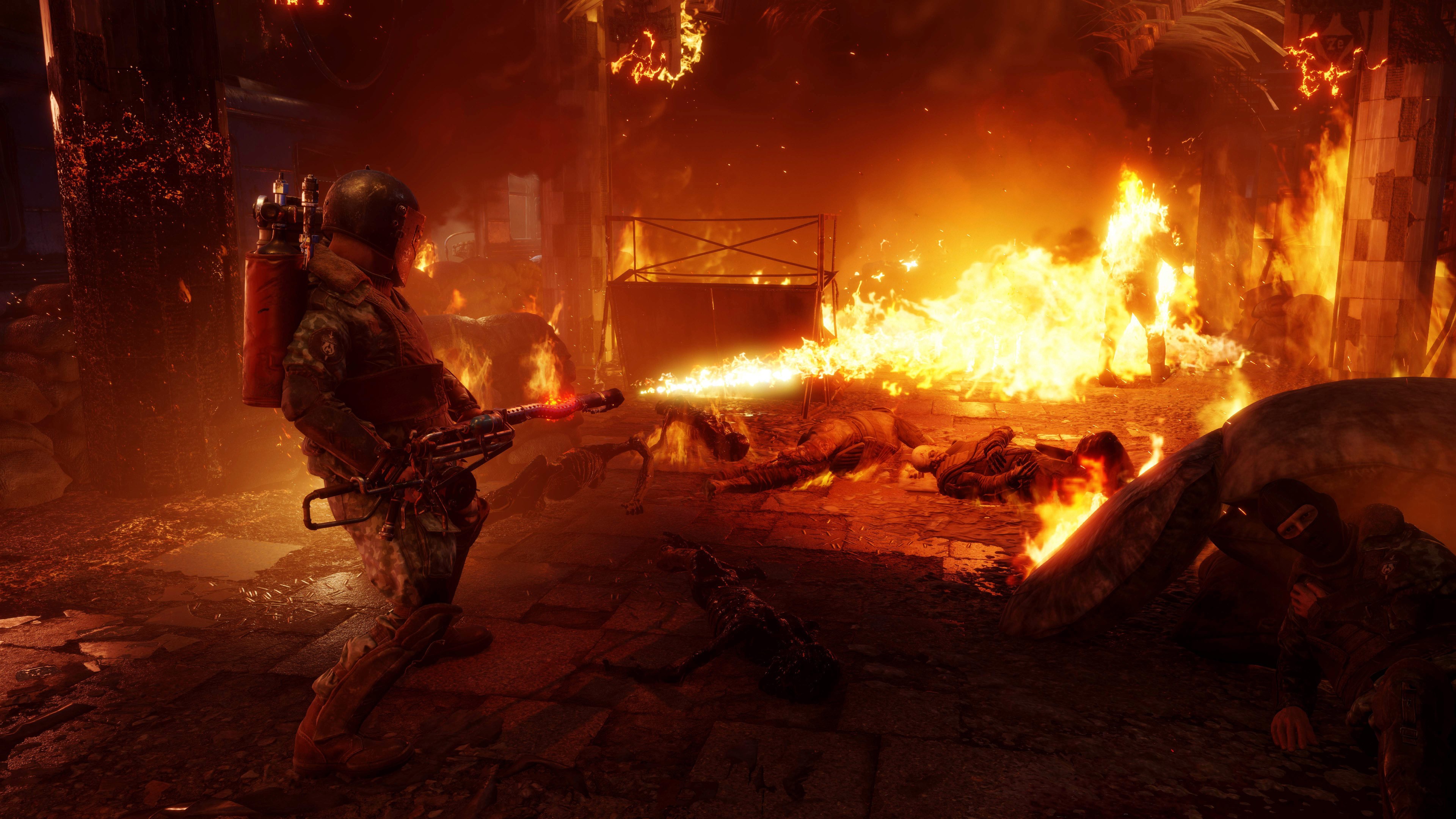 Metro Exodus 4K screenshot with flamethrower and fire HD Wallpaper