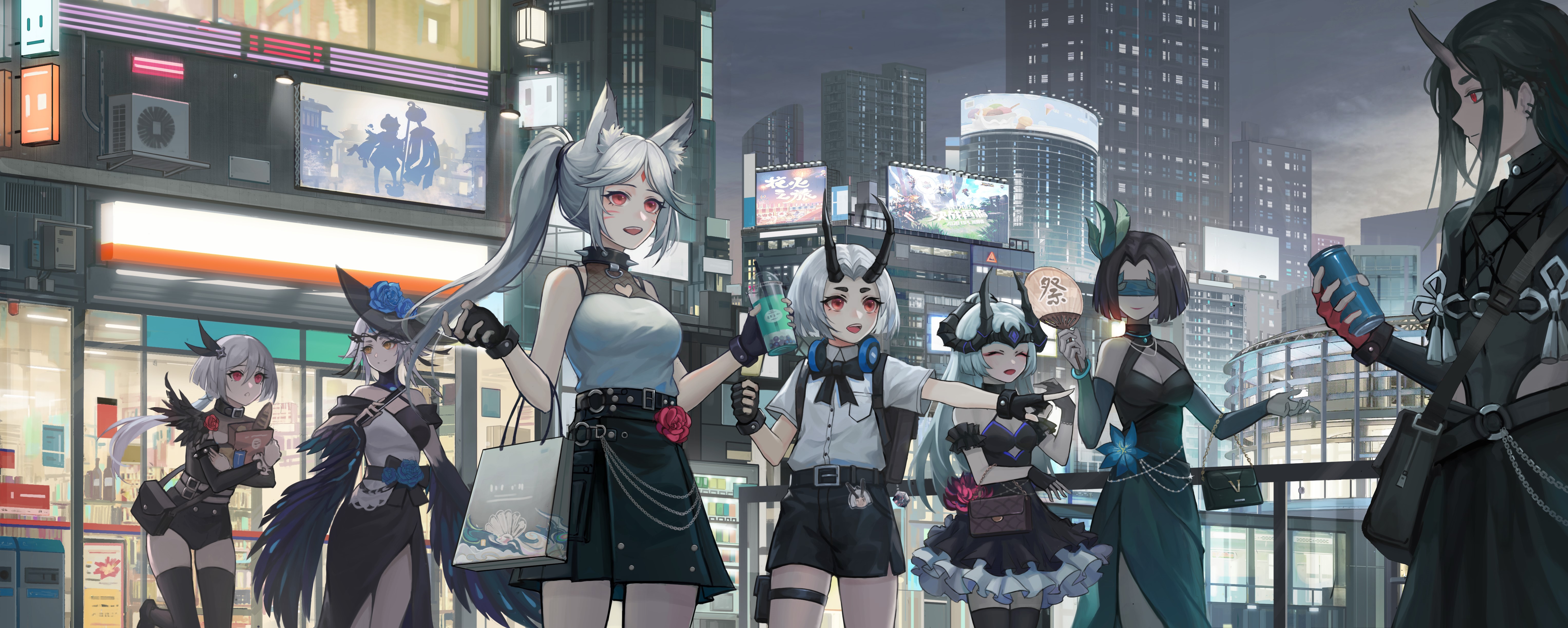 Anime girls with animal ears and horns in a city HD Wallpaper