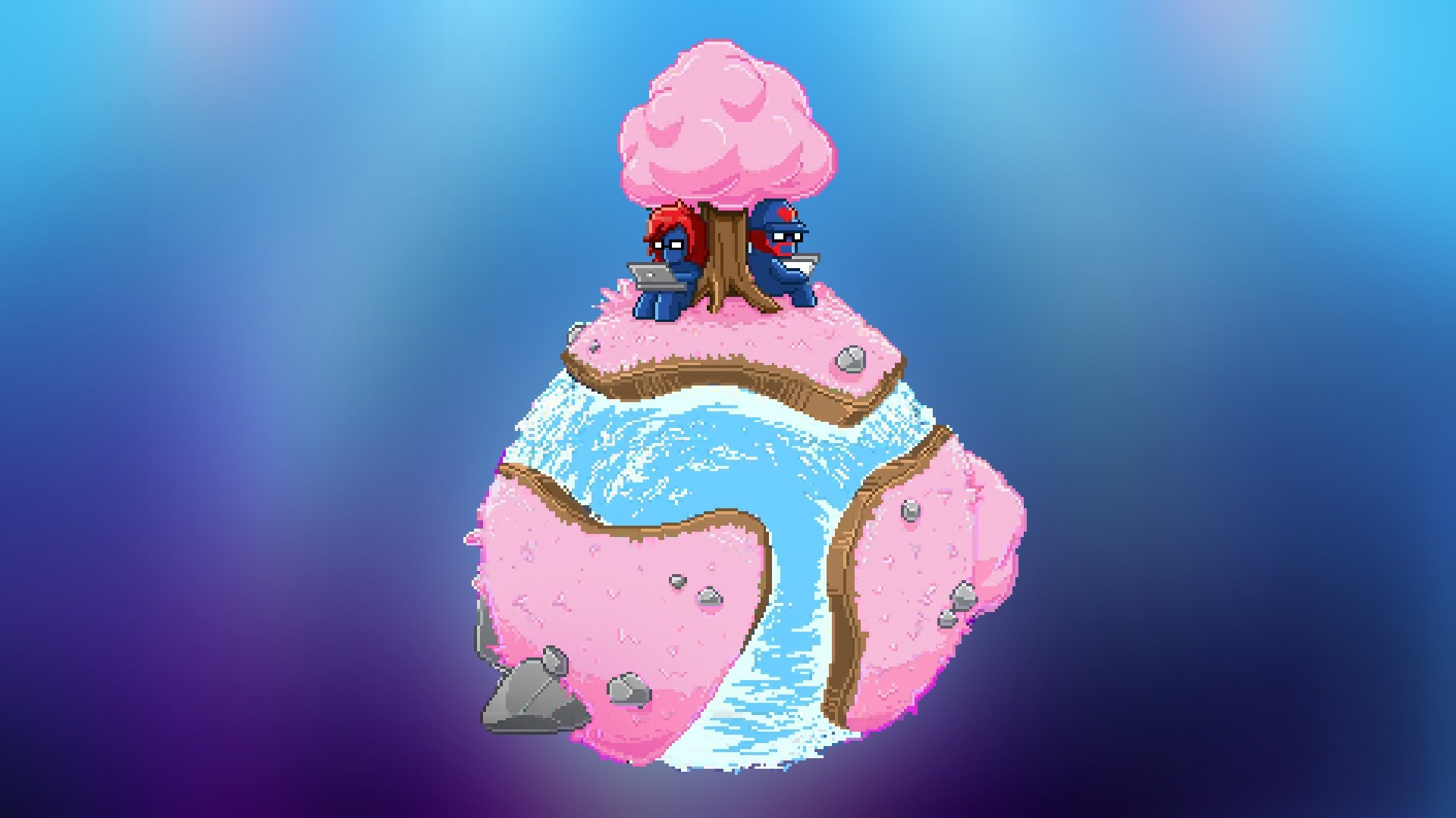 Pixel art of two nerds on a pink planet HD Wallpaper