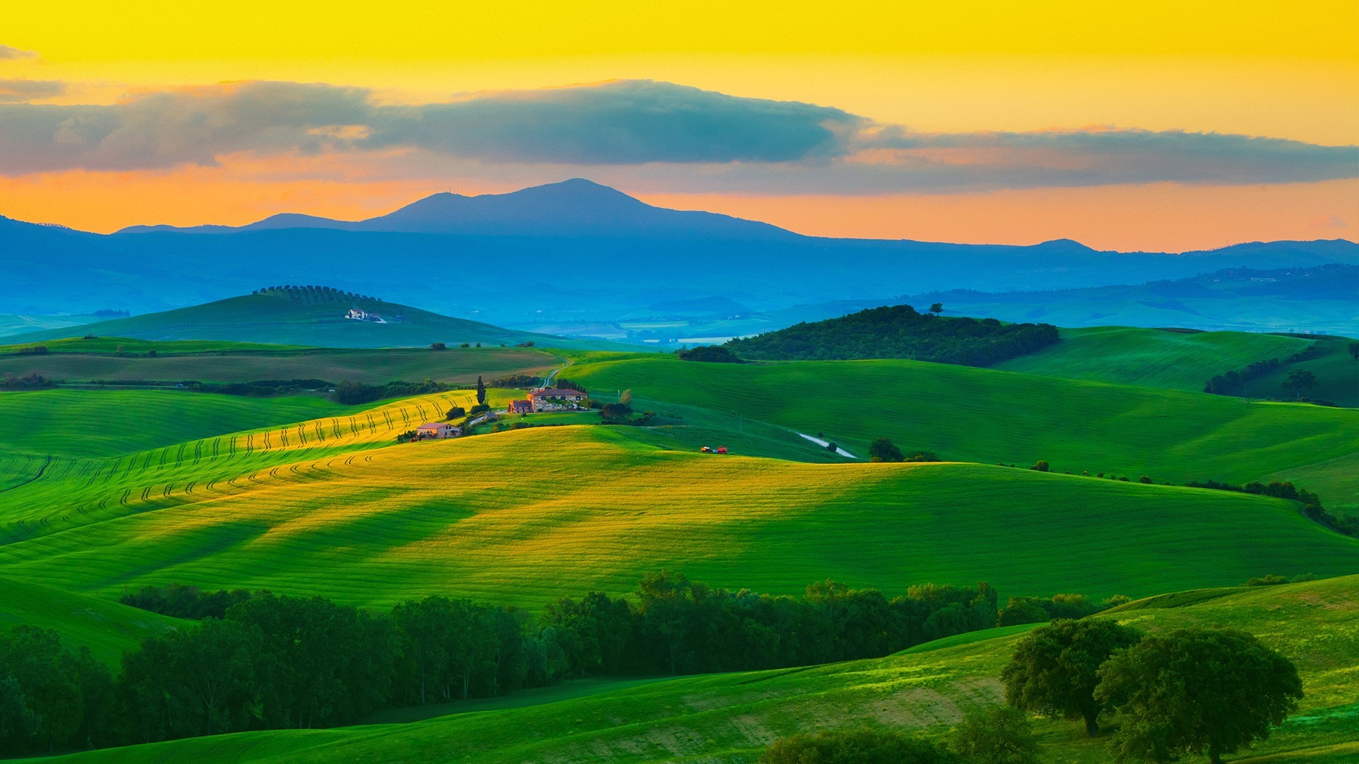 Rolling green hills of Tuscany at sunset HD Wallpaper