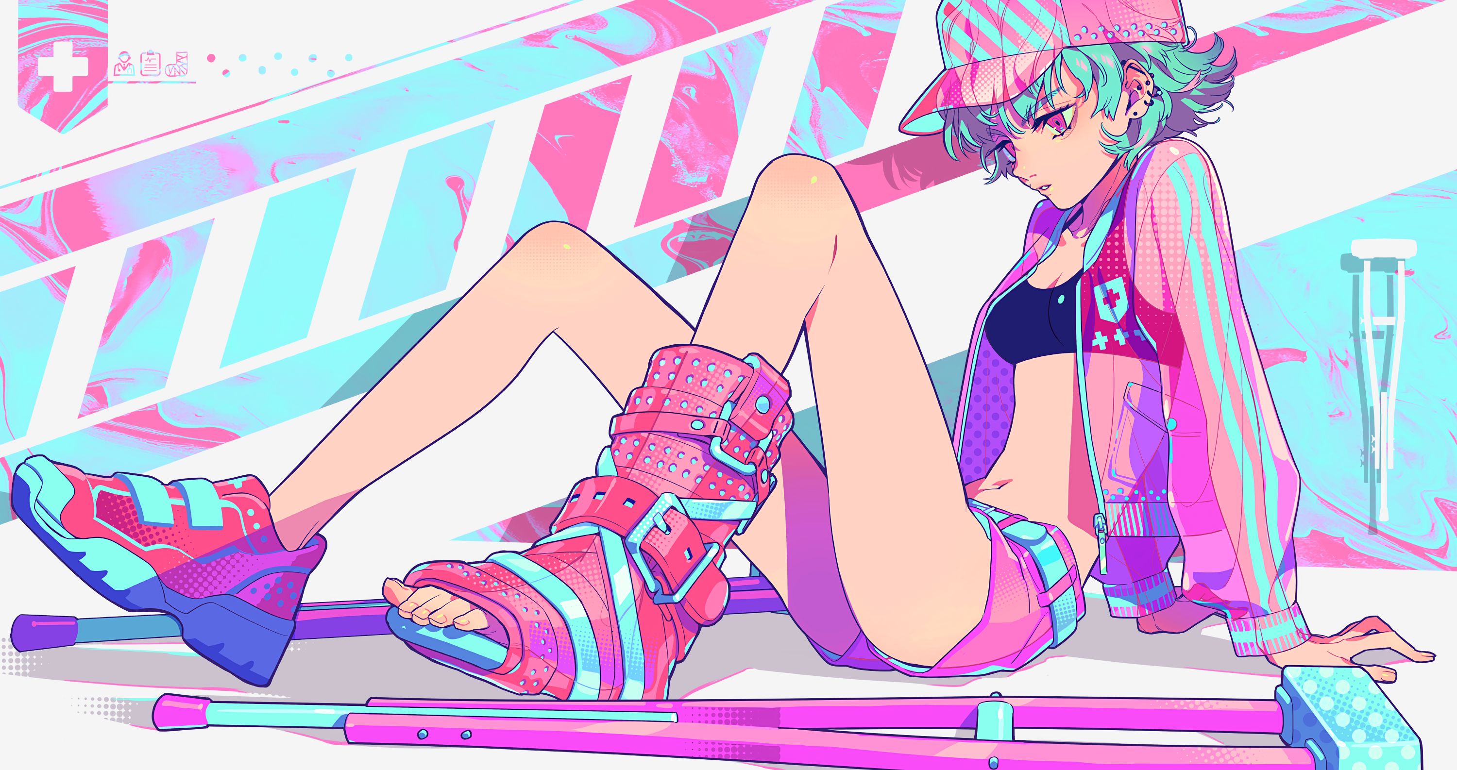 Anime girl with injured leg and crutches in pink and cyan HD Wallpaper