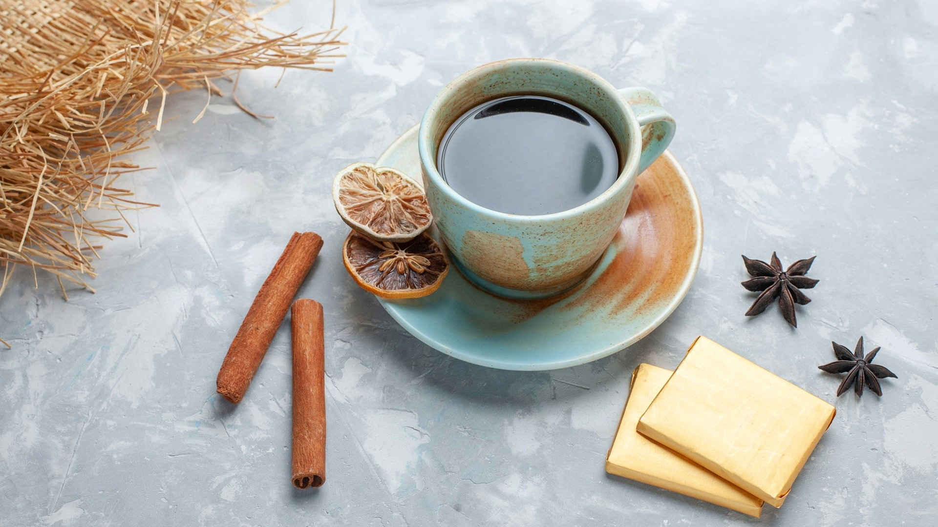 Coffee with cinnamon sticks and dried orange slices HD Wallpaper
