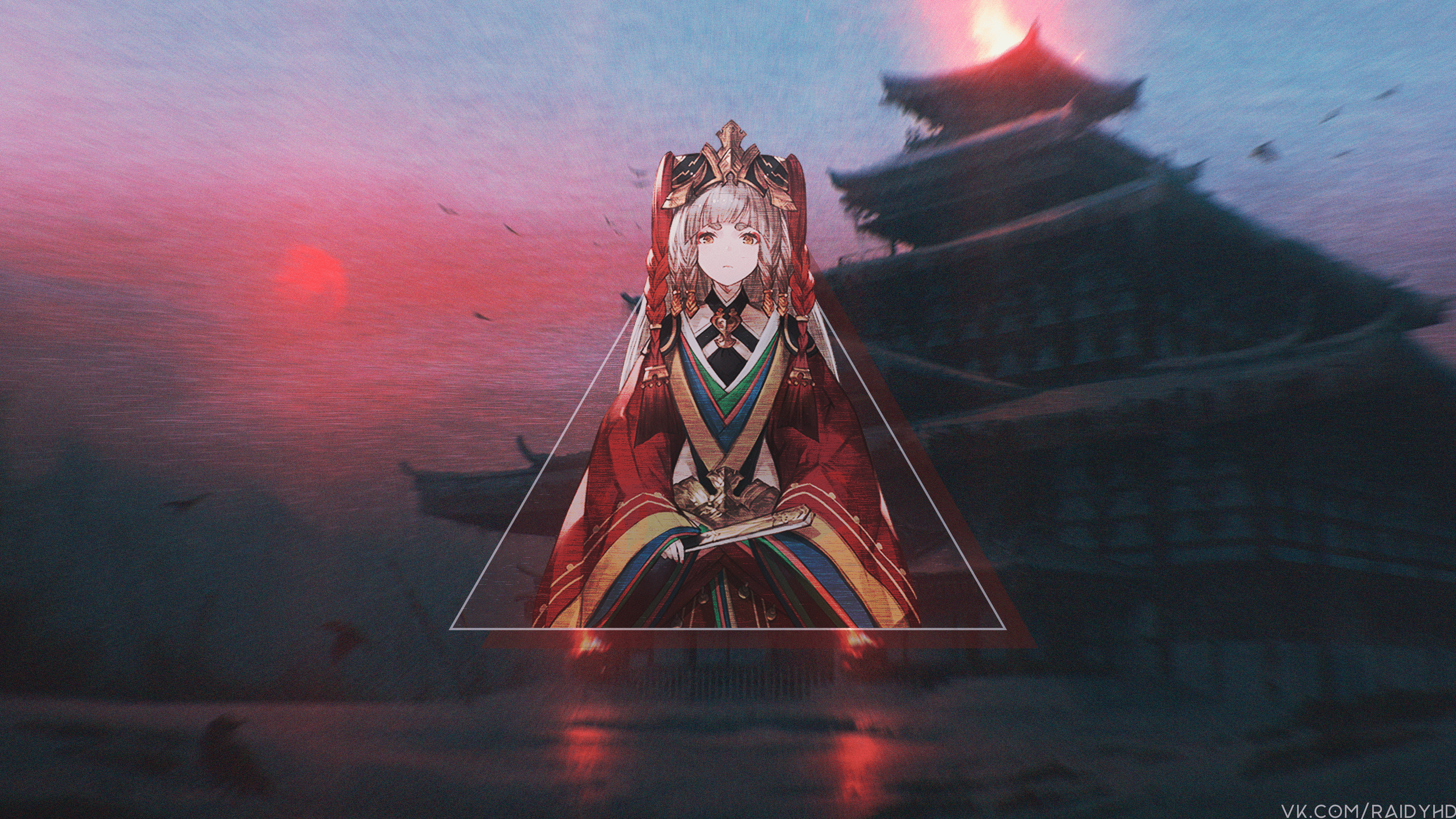 Anime girl in traditional Japanese attire with a temple and red moon HD Wallpaper