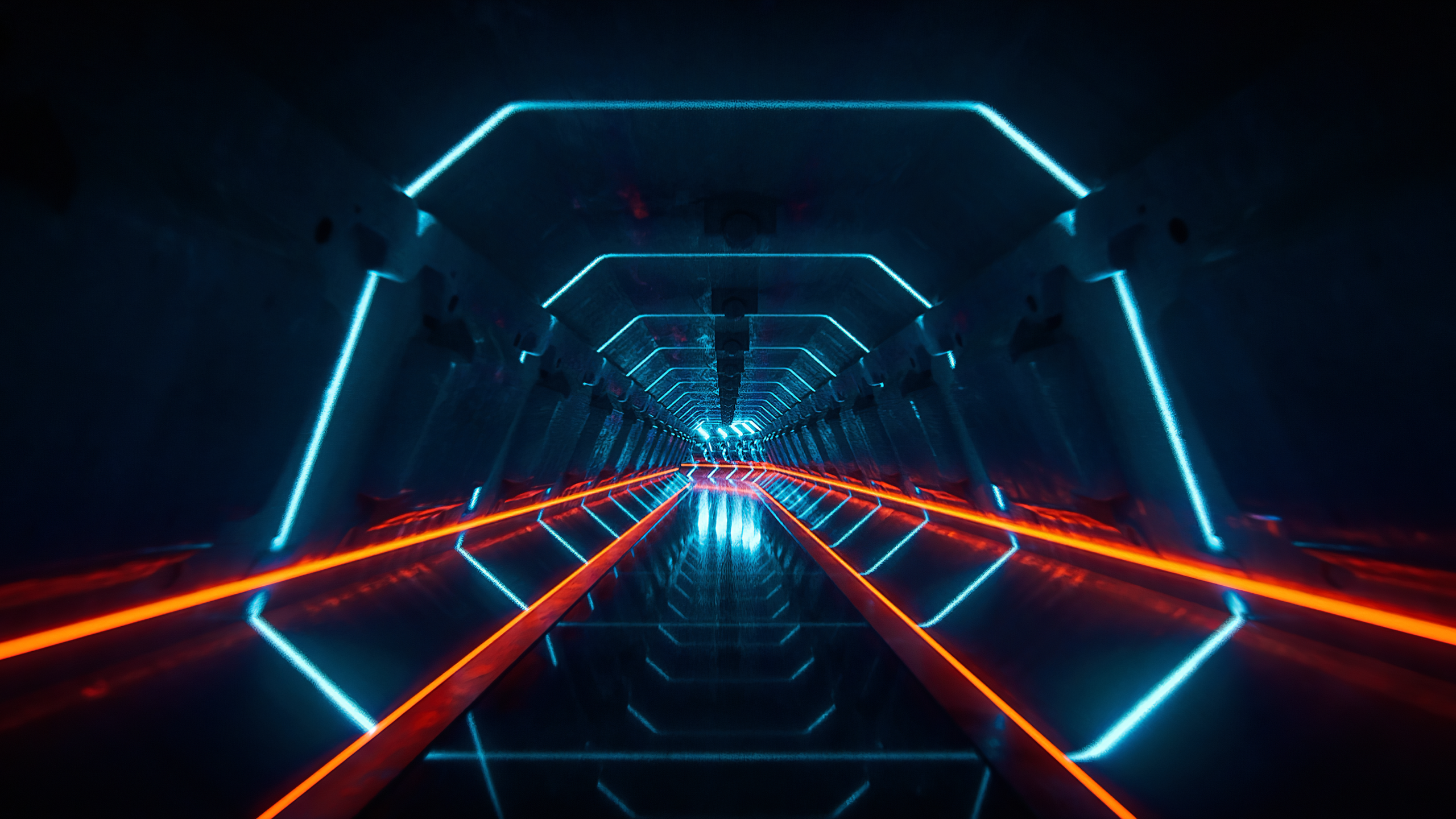 Futuristic neon tunnel with orange and blue lights HD Wallpaper