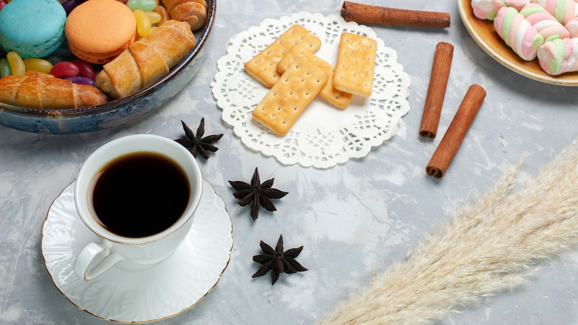Still life with coffee, cookies, and pastries HD Wallpaper