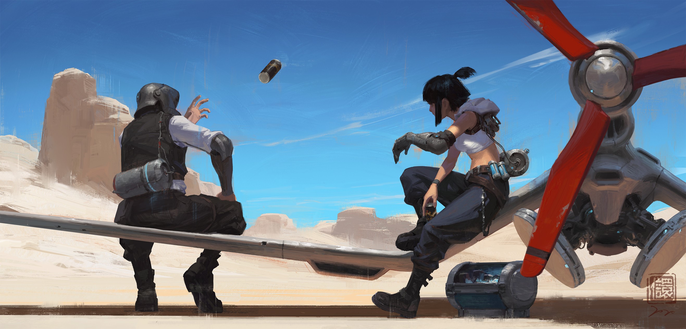 Two people resting on a plane wing in a desert HD Wallpaper