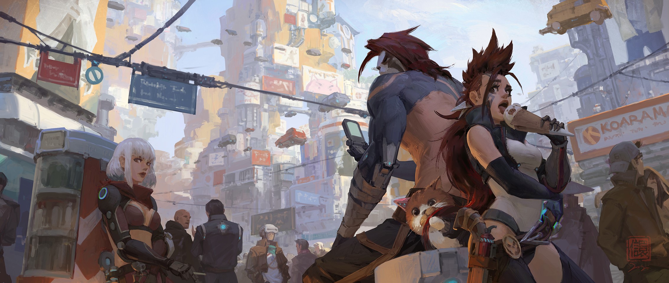 Characters in a futuristic fantasy city HD Wallpaper