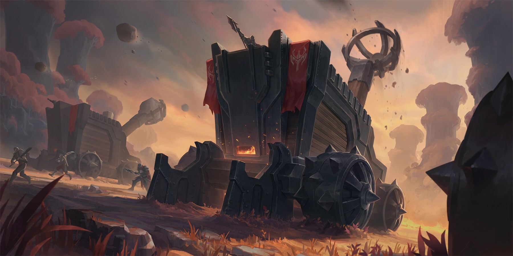 Fantasy art of a siege weapon in battle HD Wallpaper