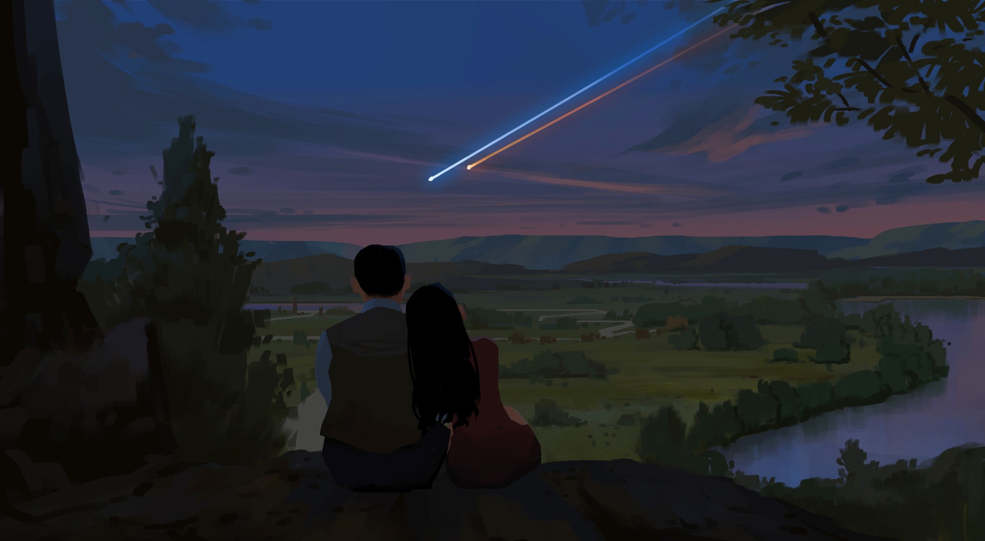 Couple watching shooting stars over a landscape HD Wallpaper