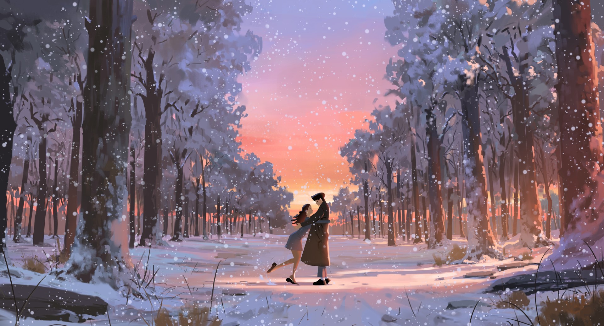 Couple hugging in a snowy forest at sunset HD Wallpaper