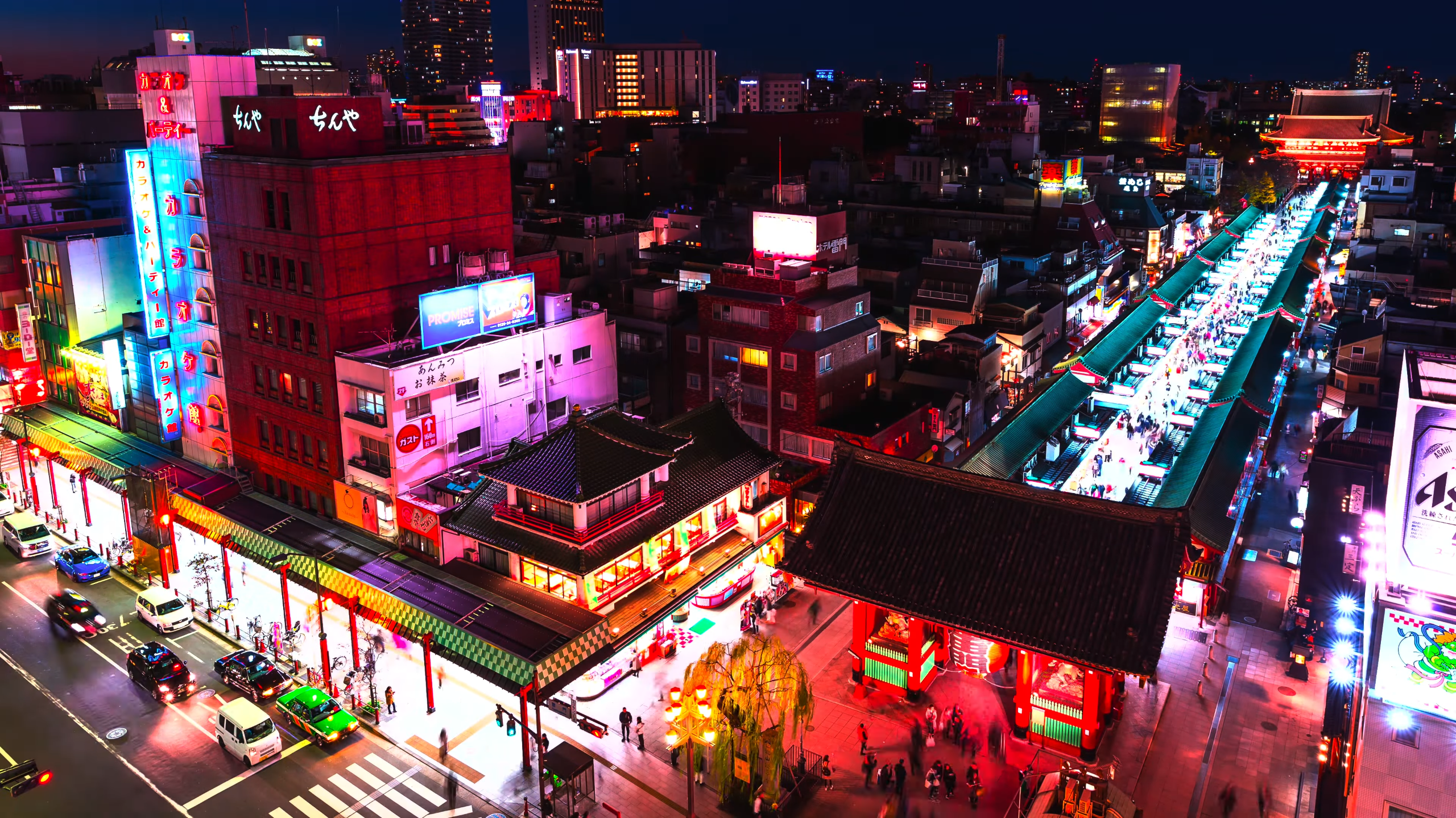 Night view of Senso-ji Temple and Nakamise-dori street in Asakusa, Tokyo, Japan HD Wallpaper