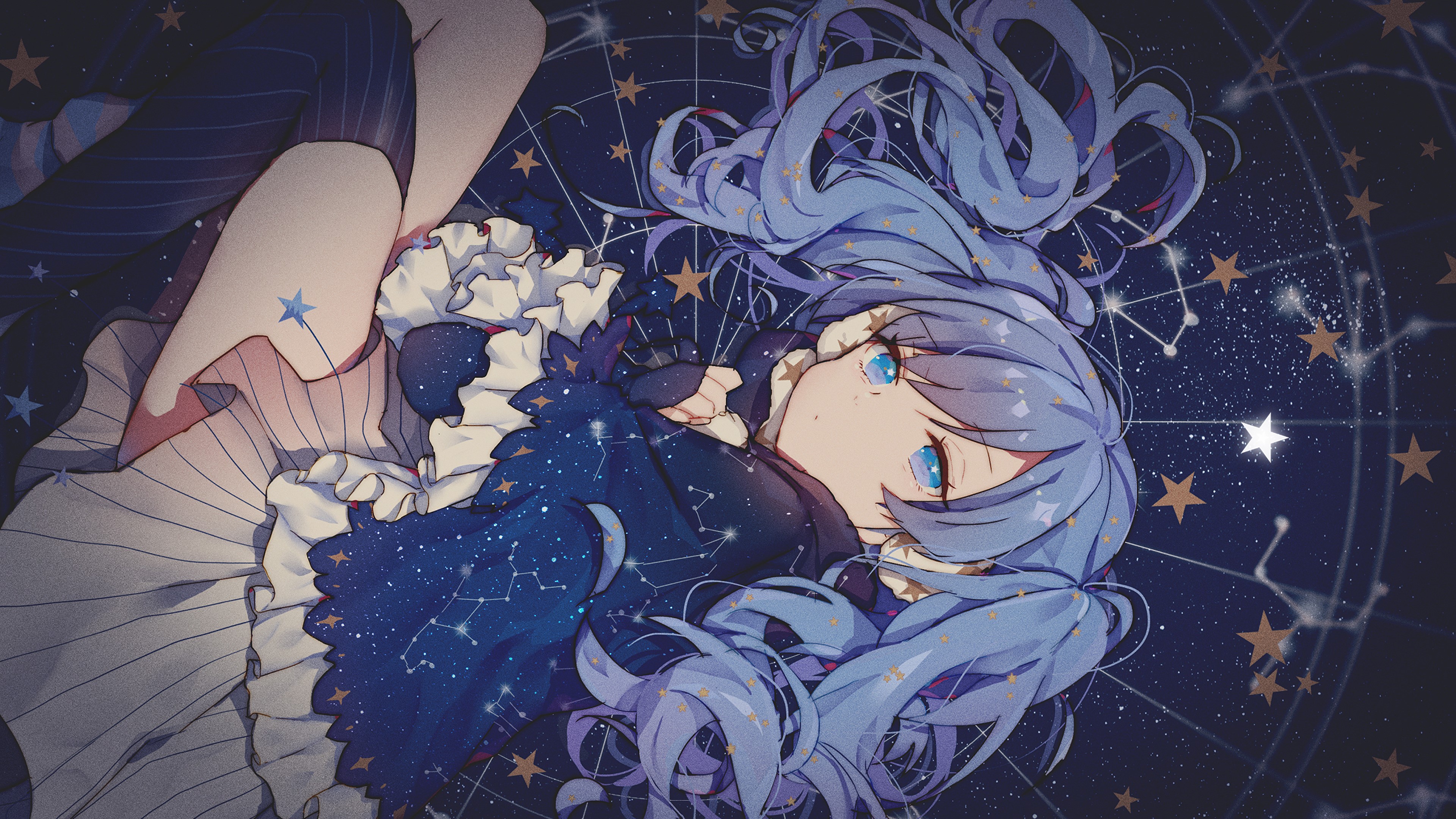 Anime girl with blue hair and eyes among constellations HD Wallpaper