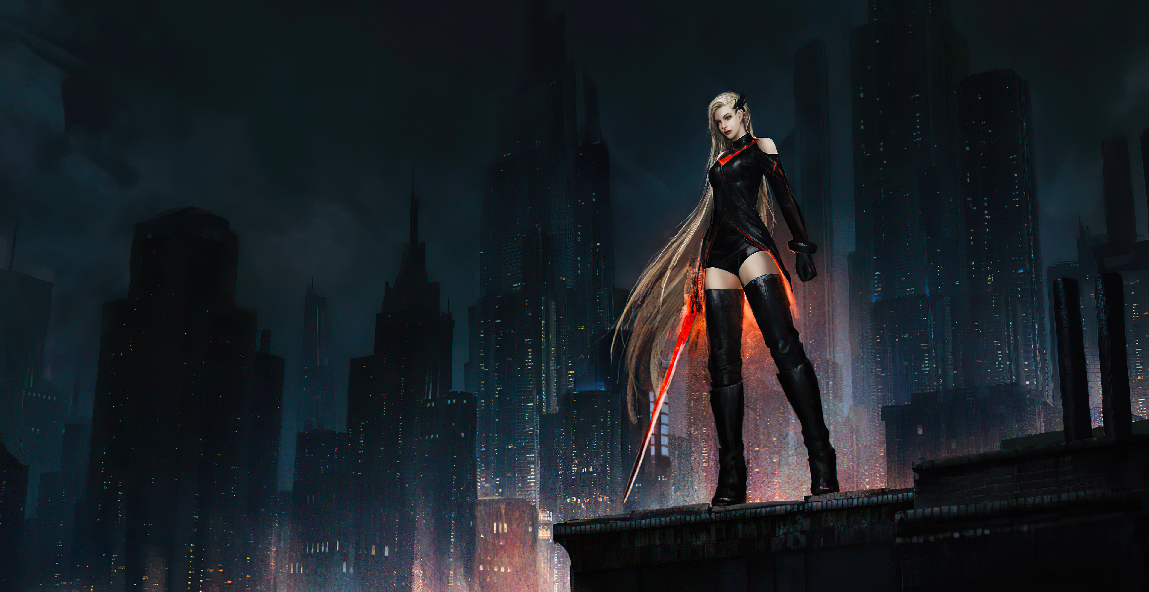 Sci Fi Woman Warrior with Sword in City HD Wallpaper