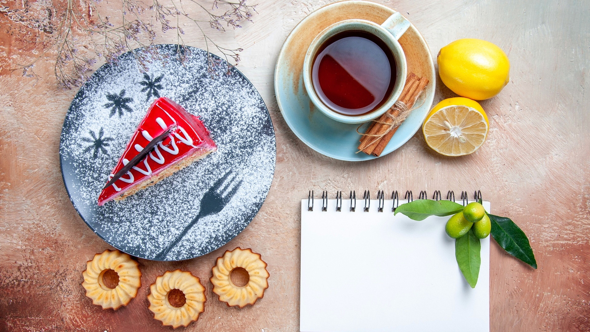 Still life with cake, tea, and lemons HD Wallpaper