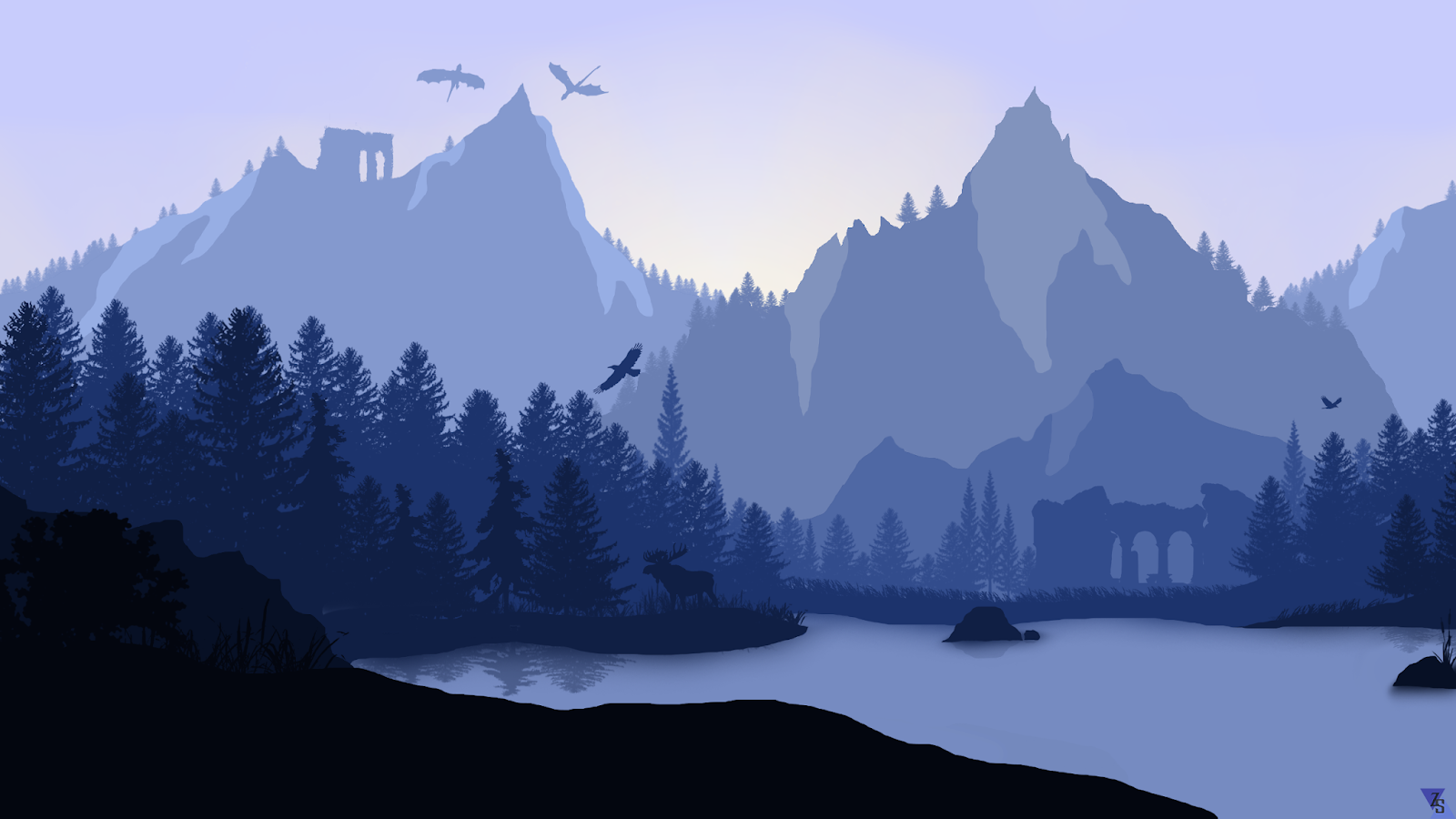 Misty mountains with dragons, eagles, lake, and ruins HD Wallpaper