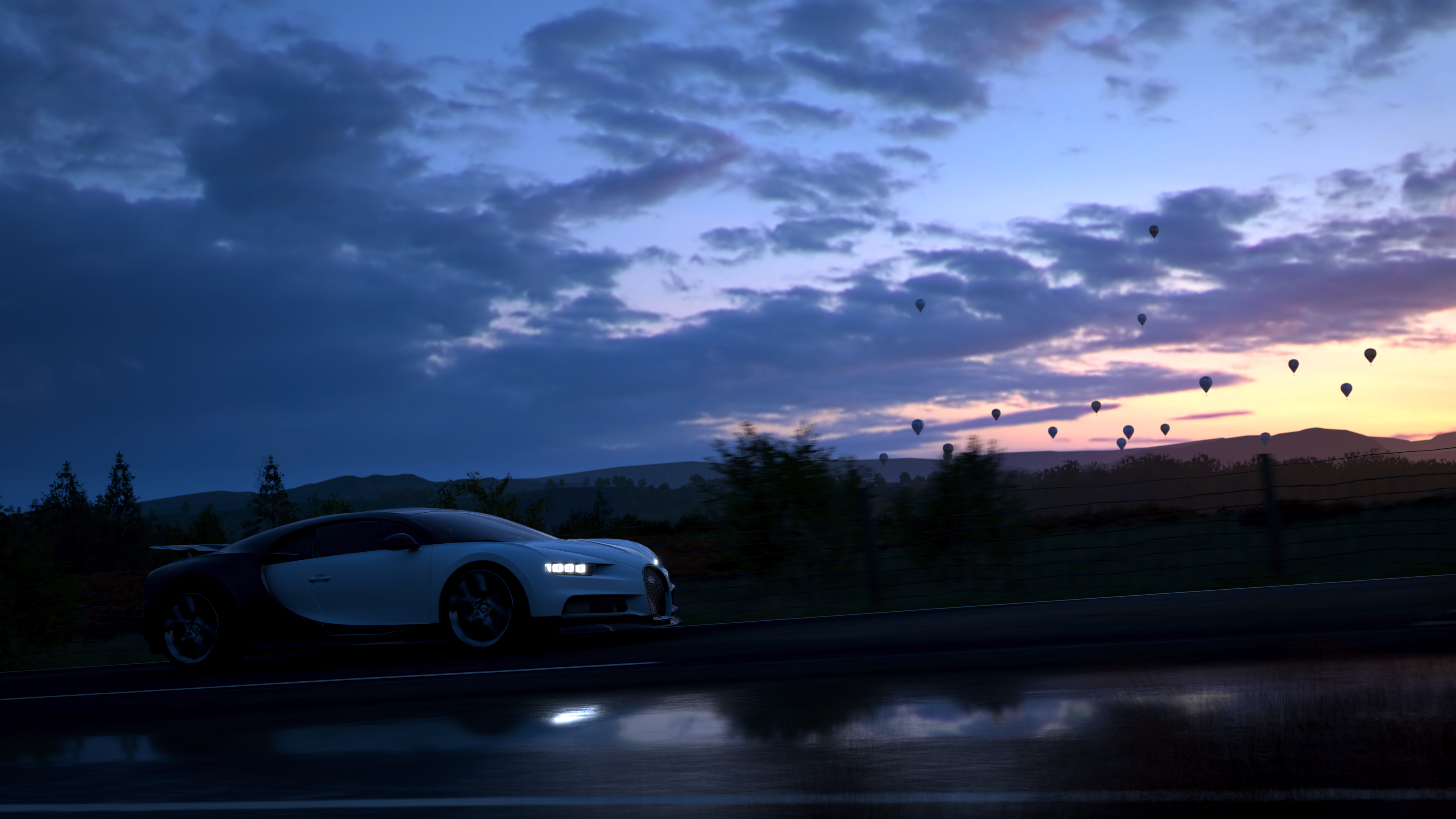 Bugatti Chiron in Forza Horizon 4 at sunset with hot air balloons HD Wallpaper