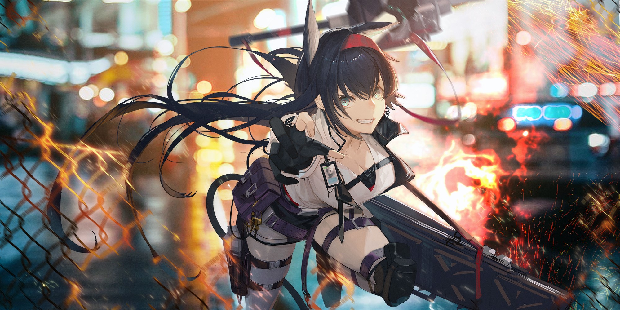 Blaze from Arknights with animal ears and a weapon HD Wallpaper