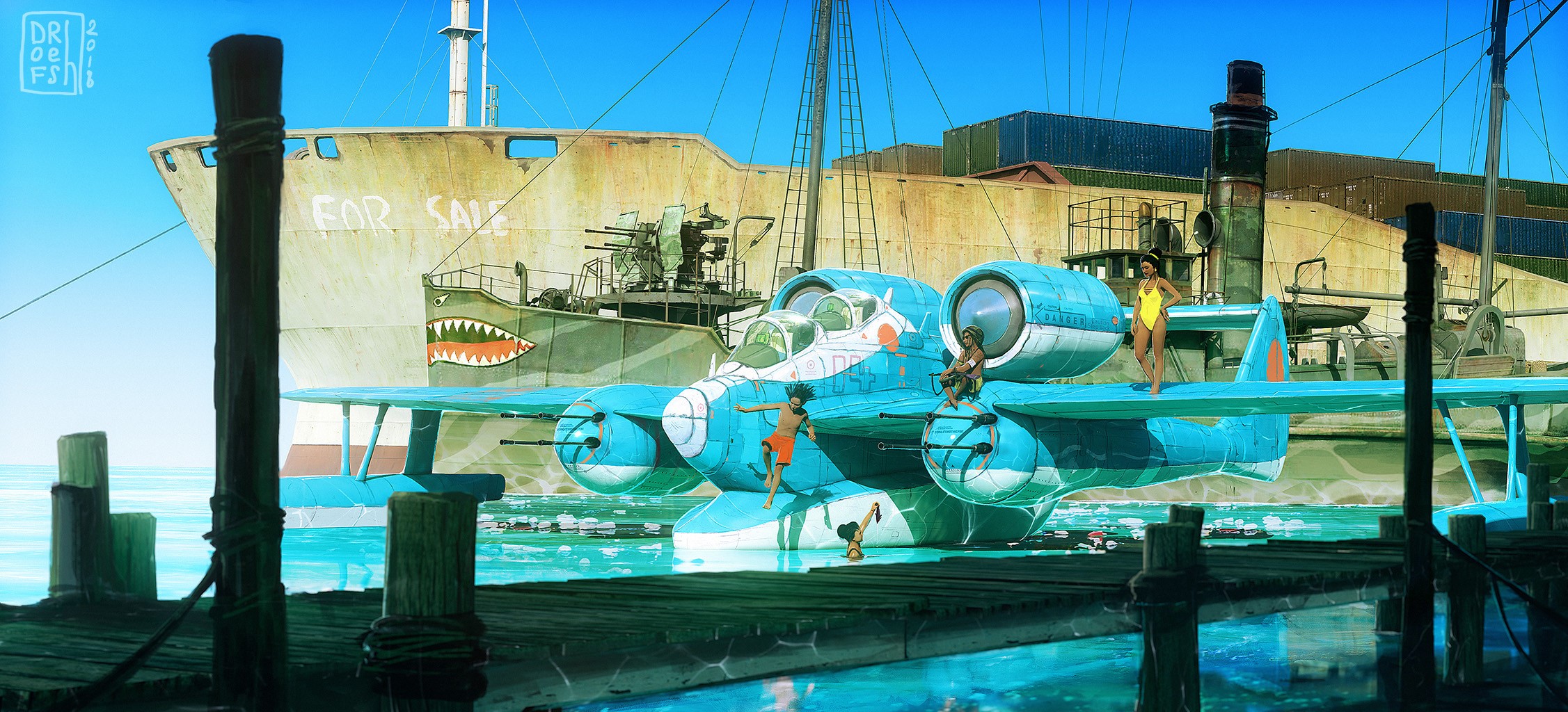 Children playing on a seaplane near a ship HD Wallpaper