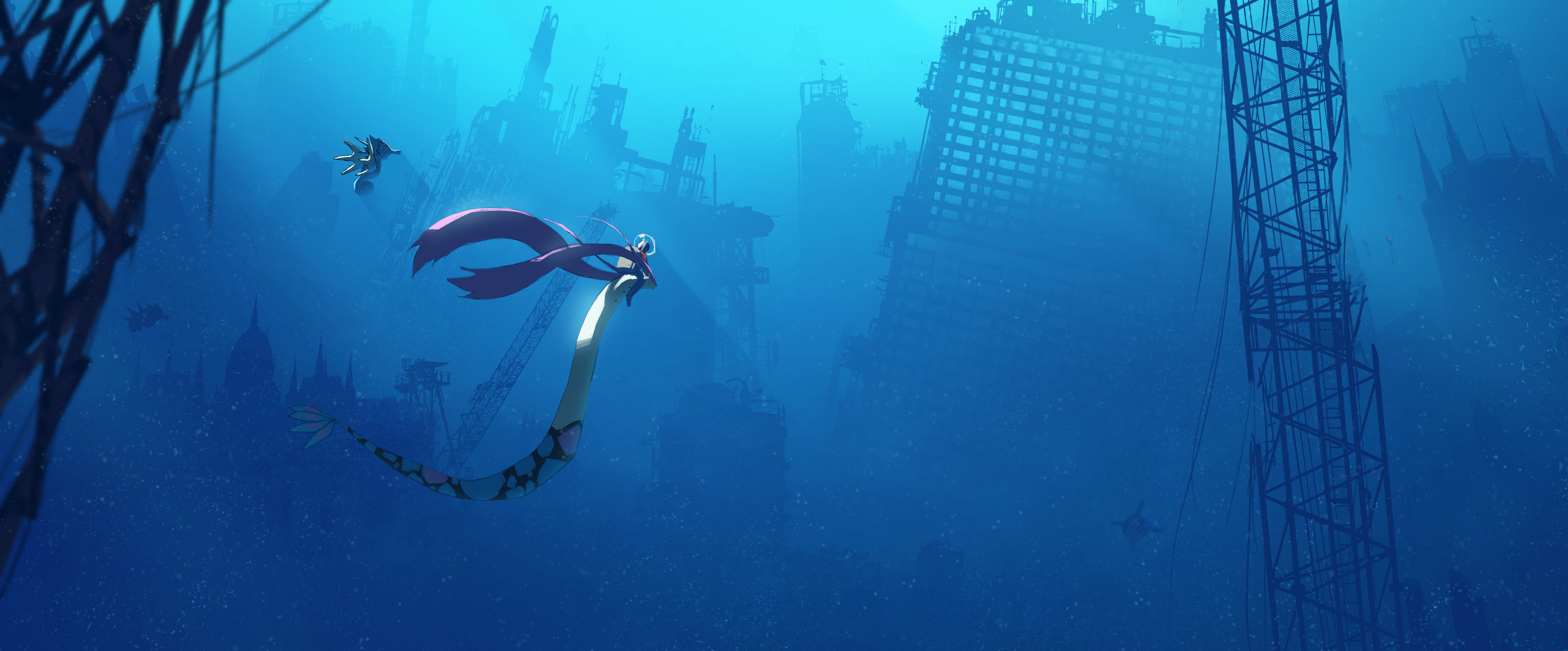 Milotic and Sharpedo in underwater ruins HD Wallpaper