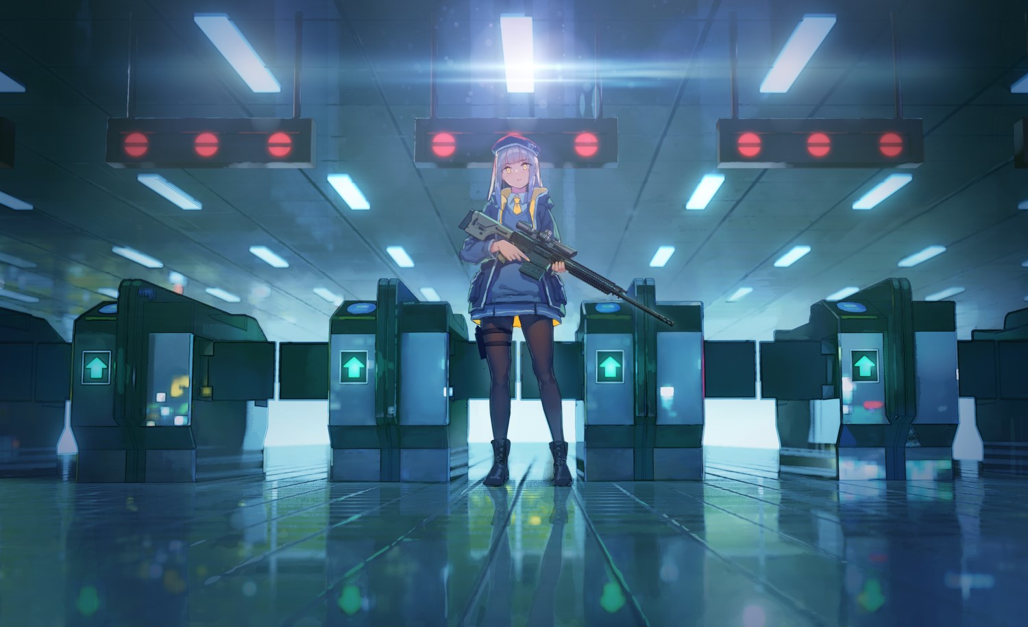 Anime girl with sniper rifle at subway station HD Wallpaper