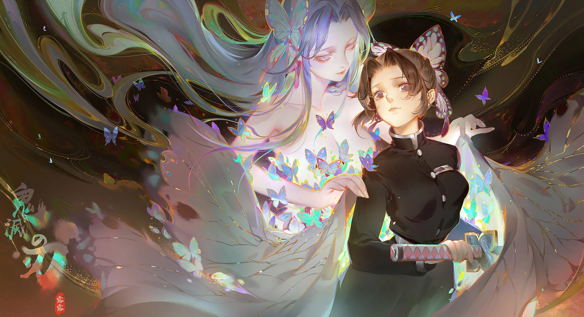 Kochou Shinobu and Butterfly Woman from Kimetsu no Yaiba HD Wallpaper