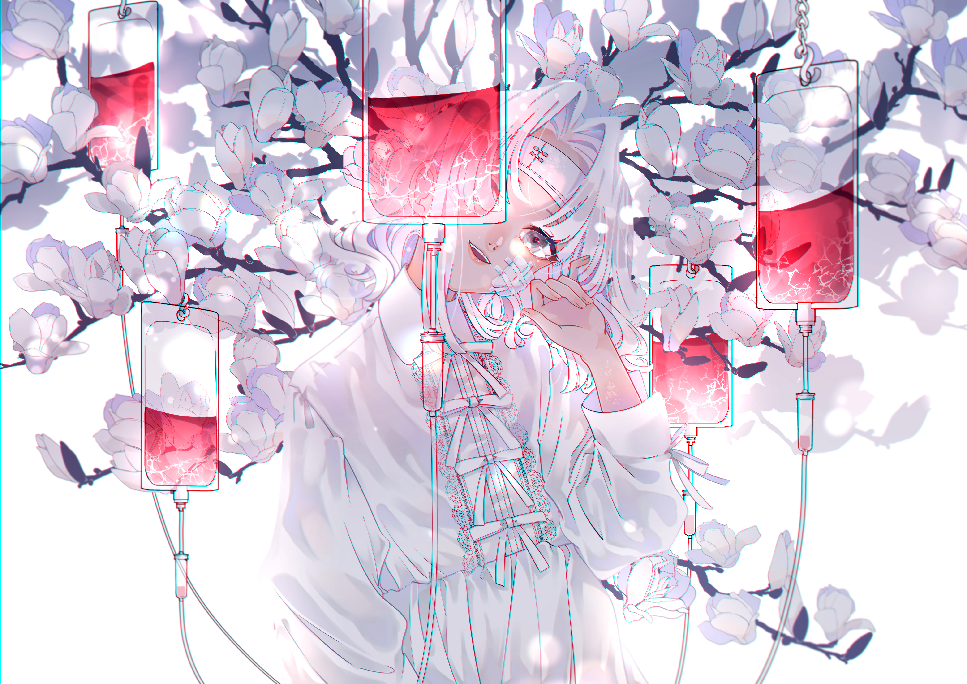 Anime girl with white hair and IV bags HD Wallpaper