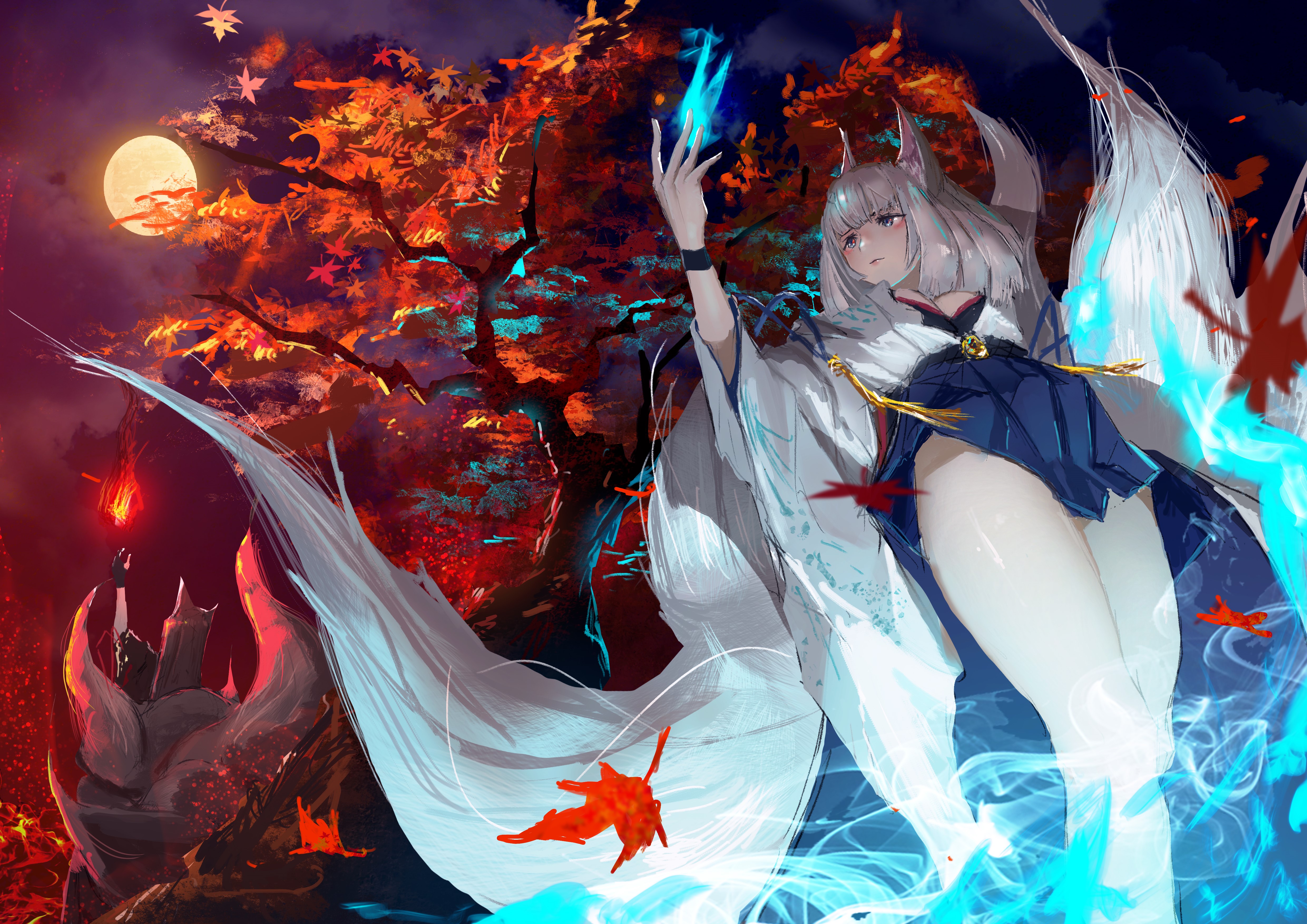 Kaga from Azur Lane with fox ears and tails HD Wallpaper