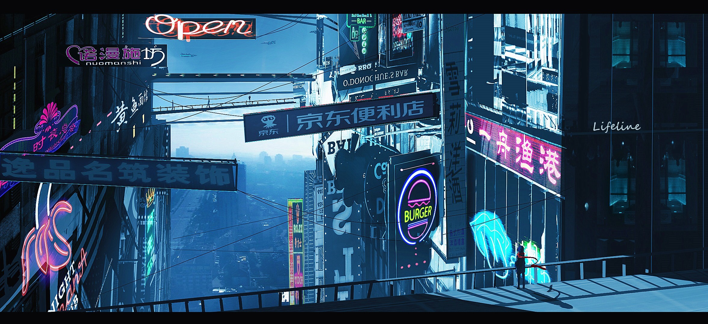 Cyberpunk Cityscape with Neon Signs HD Wallpaper