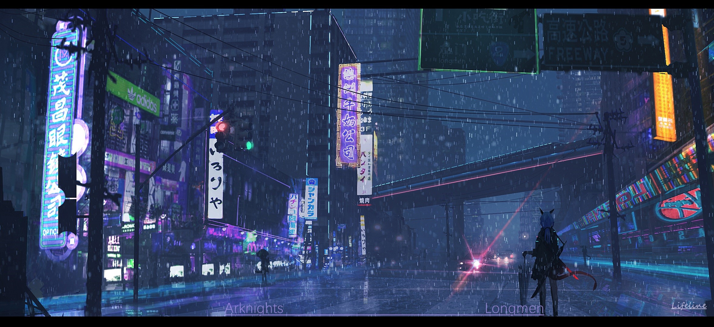 Arknights Lifeline character in a rainy cyberpunk city HD Wallpaper