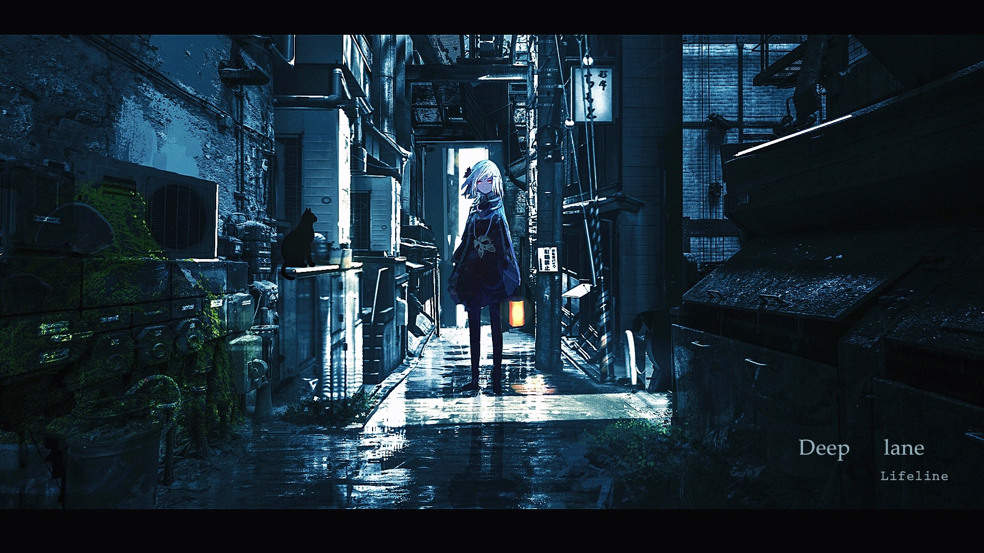 Anime girl with lantern in alleyway HD Wallpaper