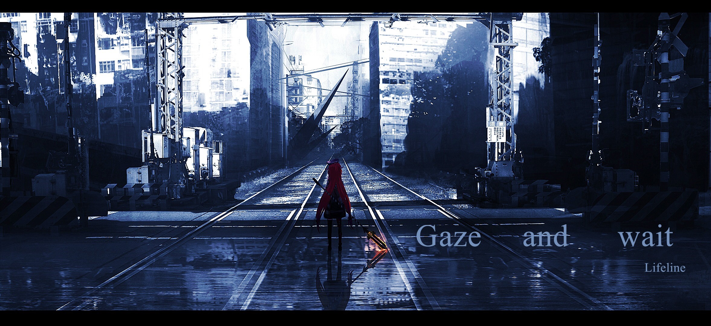 Anime girl on train tracks with text HD Wallpaper